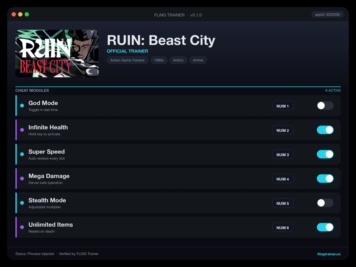 RUIN: Beast City Trainer interface