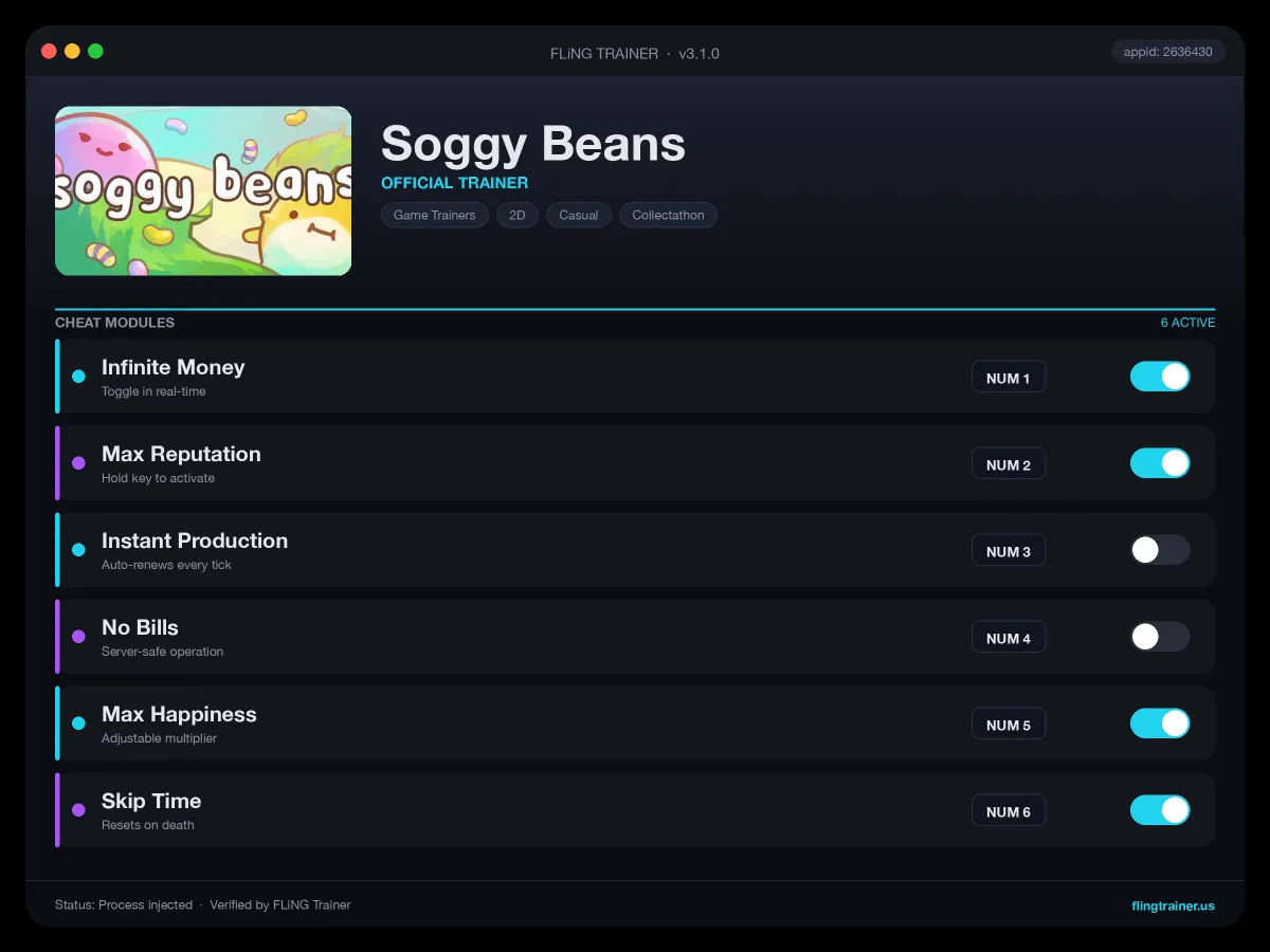 Soggy Beans Trainer interface