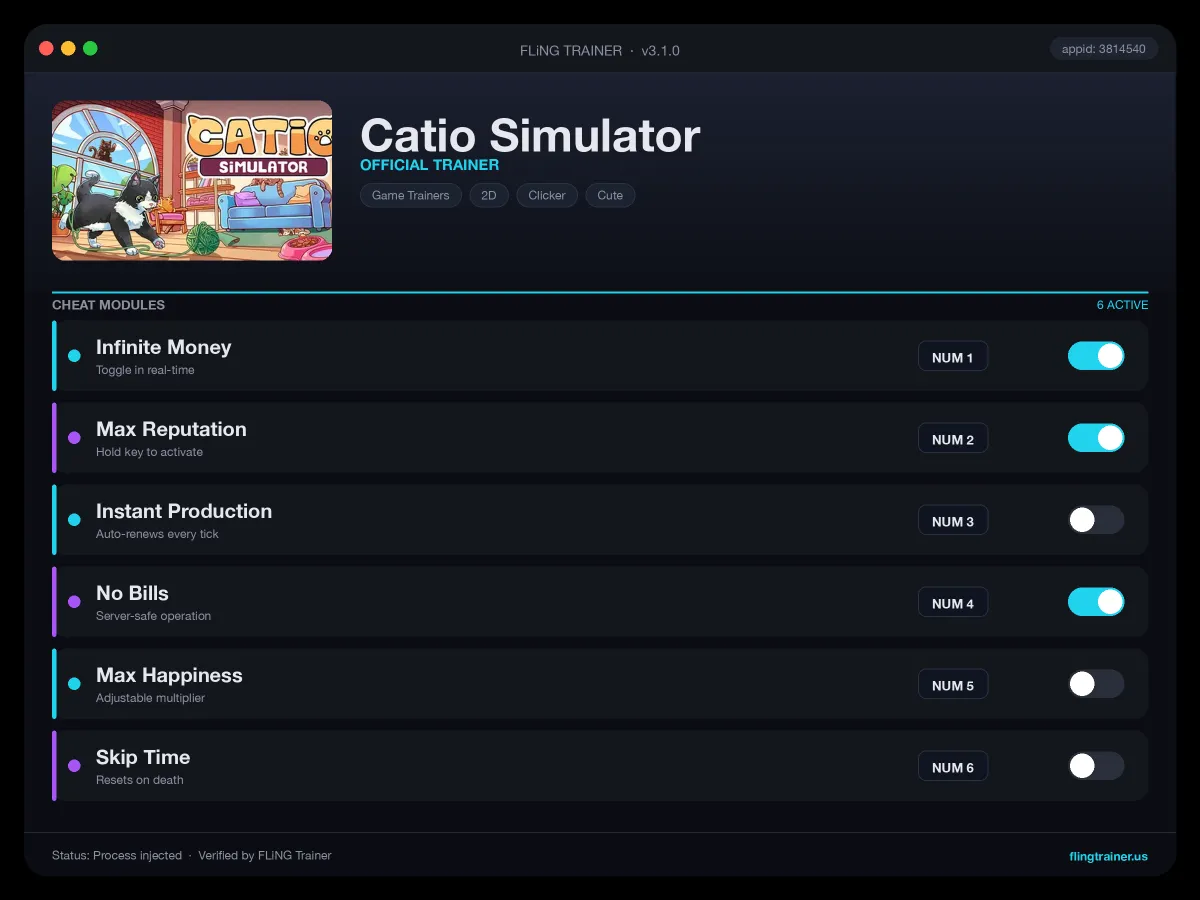 Catio Simulator Trainer interface