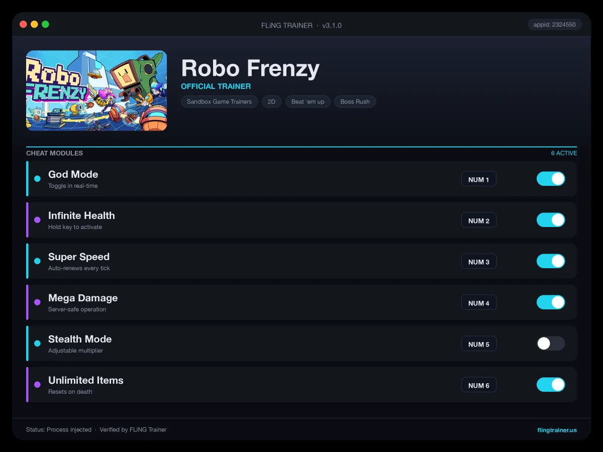 Robo Frenzy Trainer interface