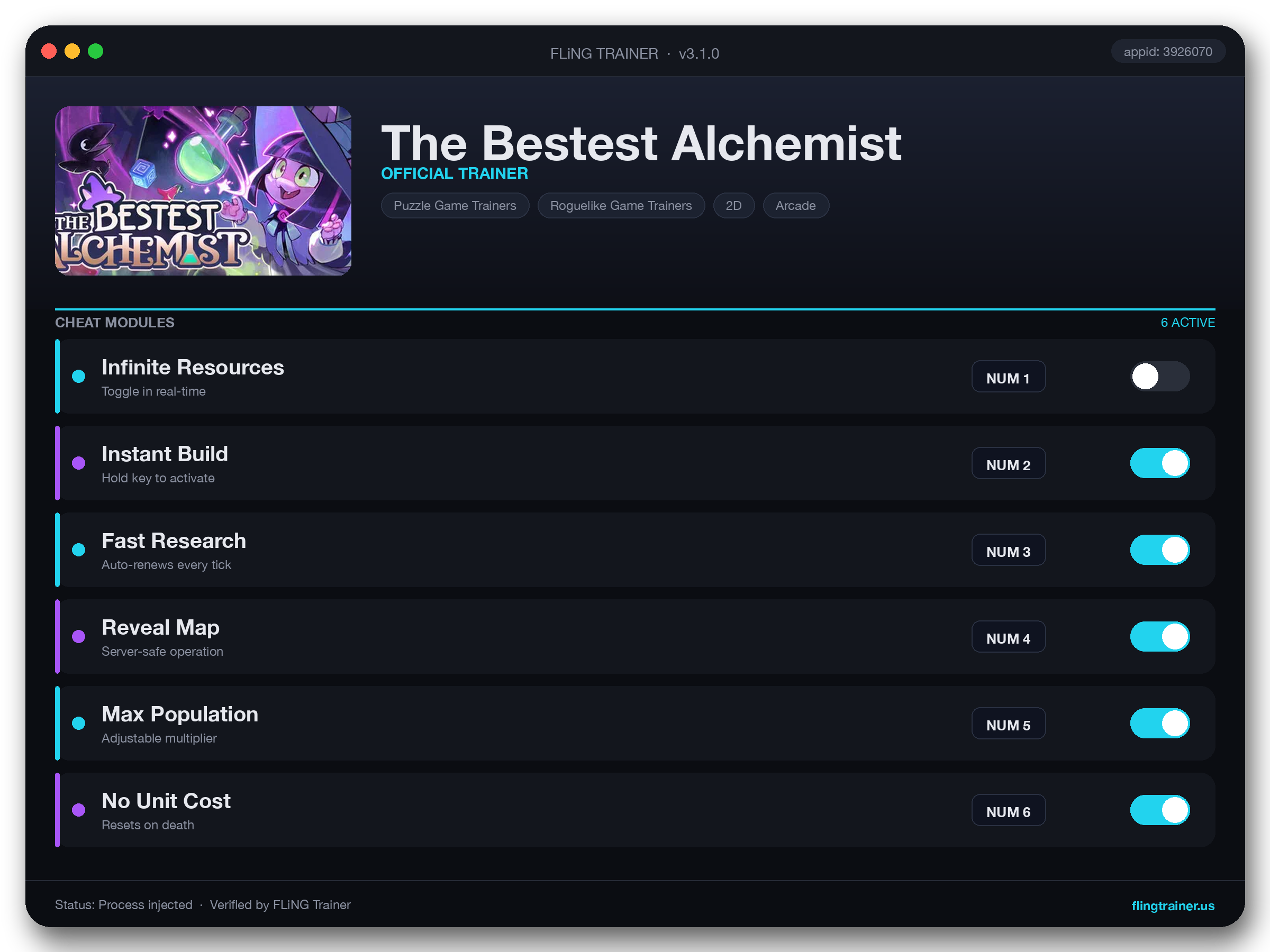 The Bestest Alchemist Trainer interface