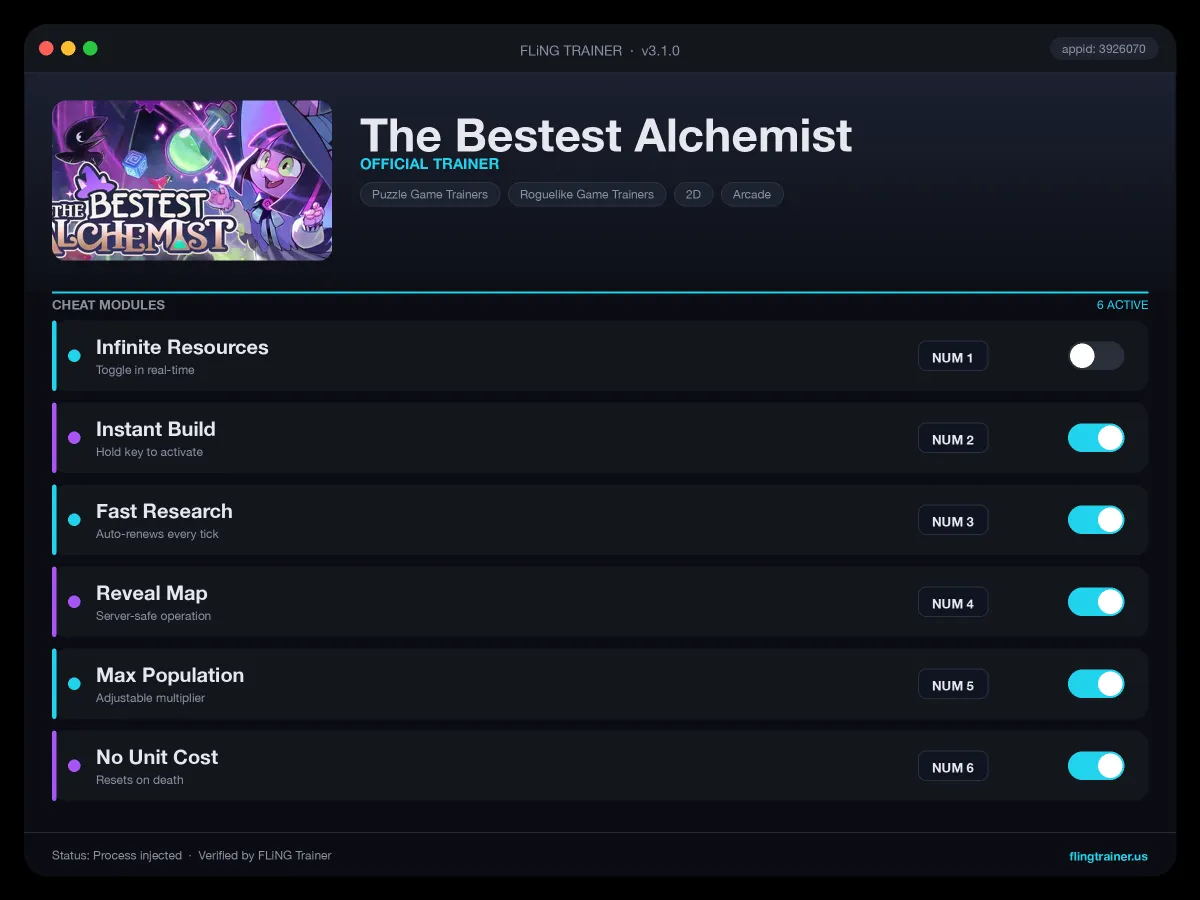 The Bestest Alchemist Trainer interface