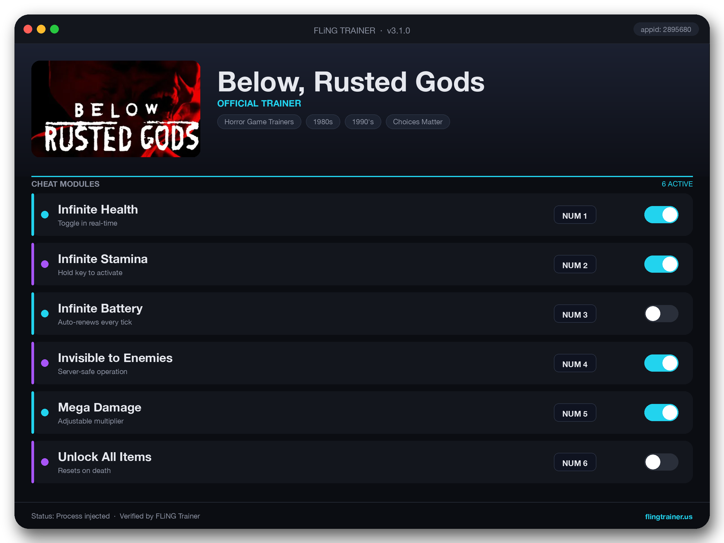 Below, Rusted Gods Trainer interface