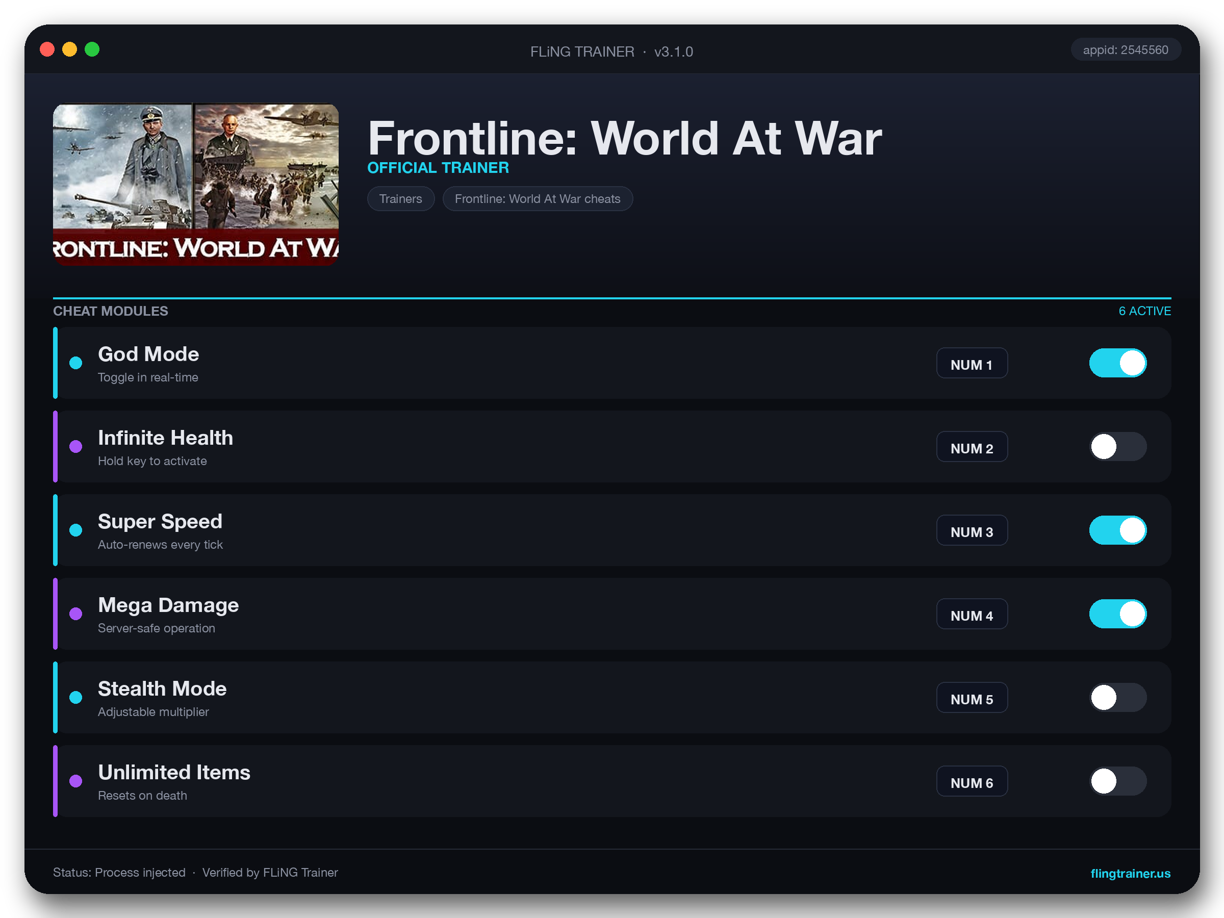 Frontline: World At War Trainer interface