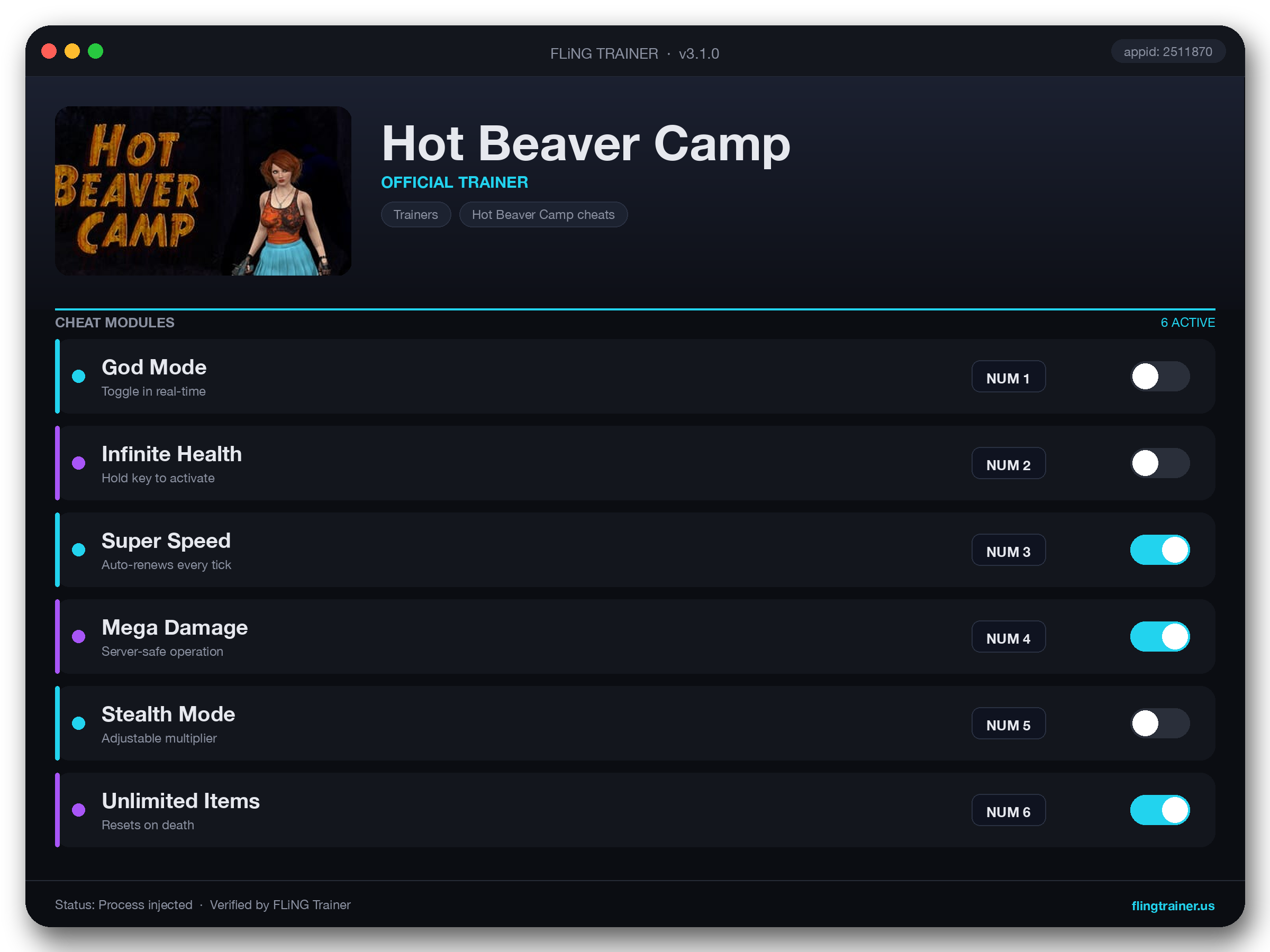 Hot Beaver Camp Trainer interface