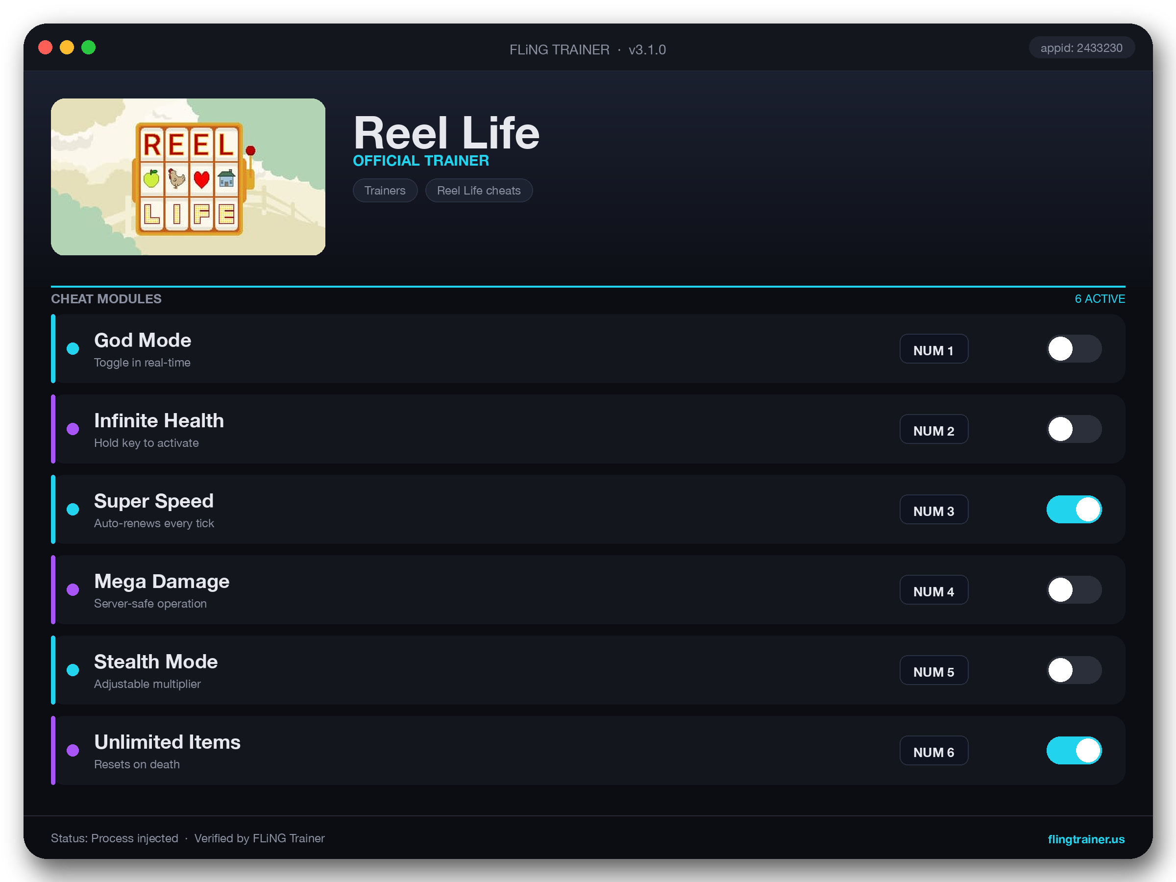 Reel Life Trainer interface