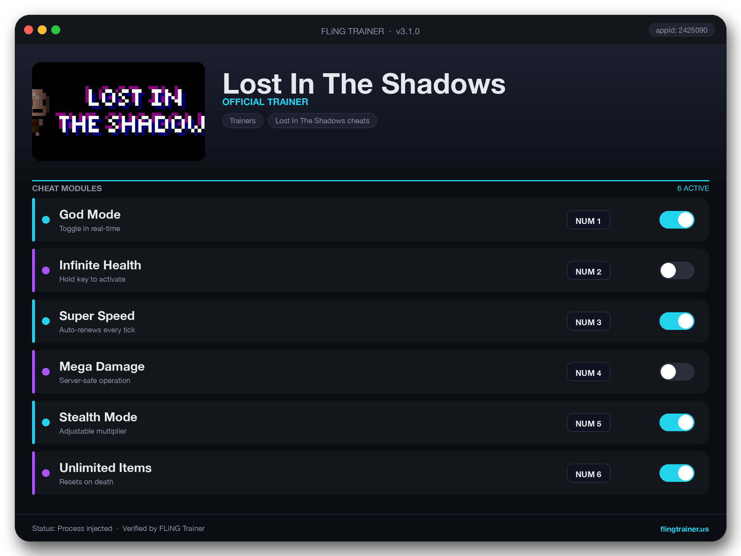 Lost In The Shadows Trainer interface
