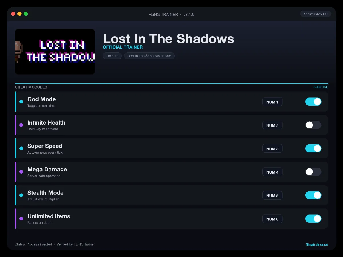 Lost In The Shadows Trainer interface