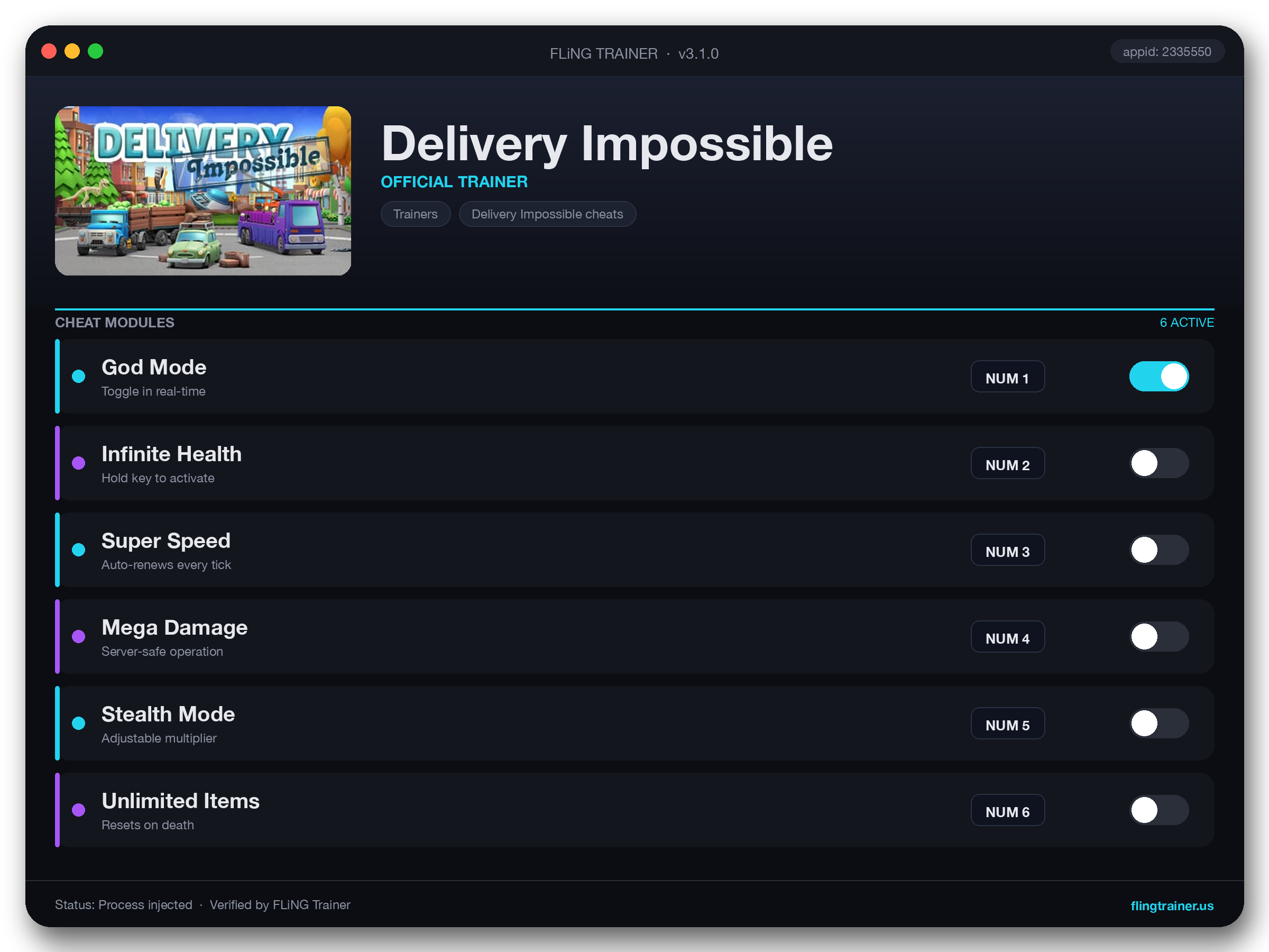 Delivery Impossible Trainer interface