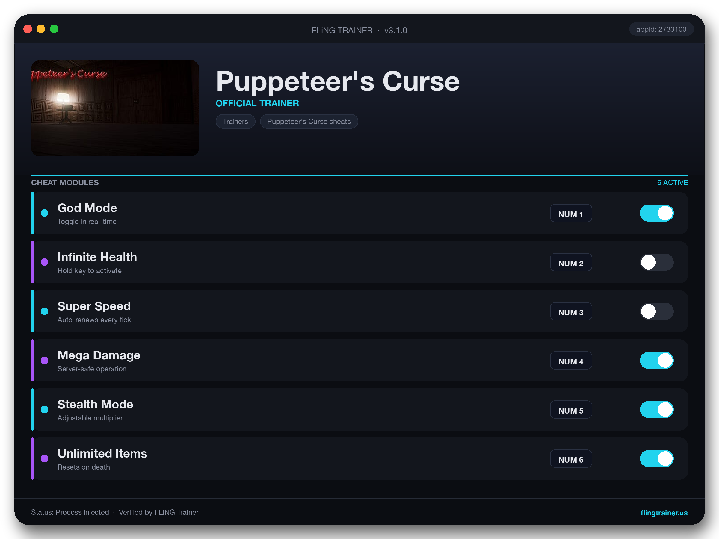 Puppeteer's Curse Trainer interface