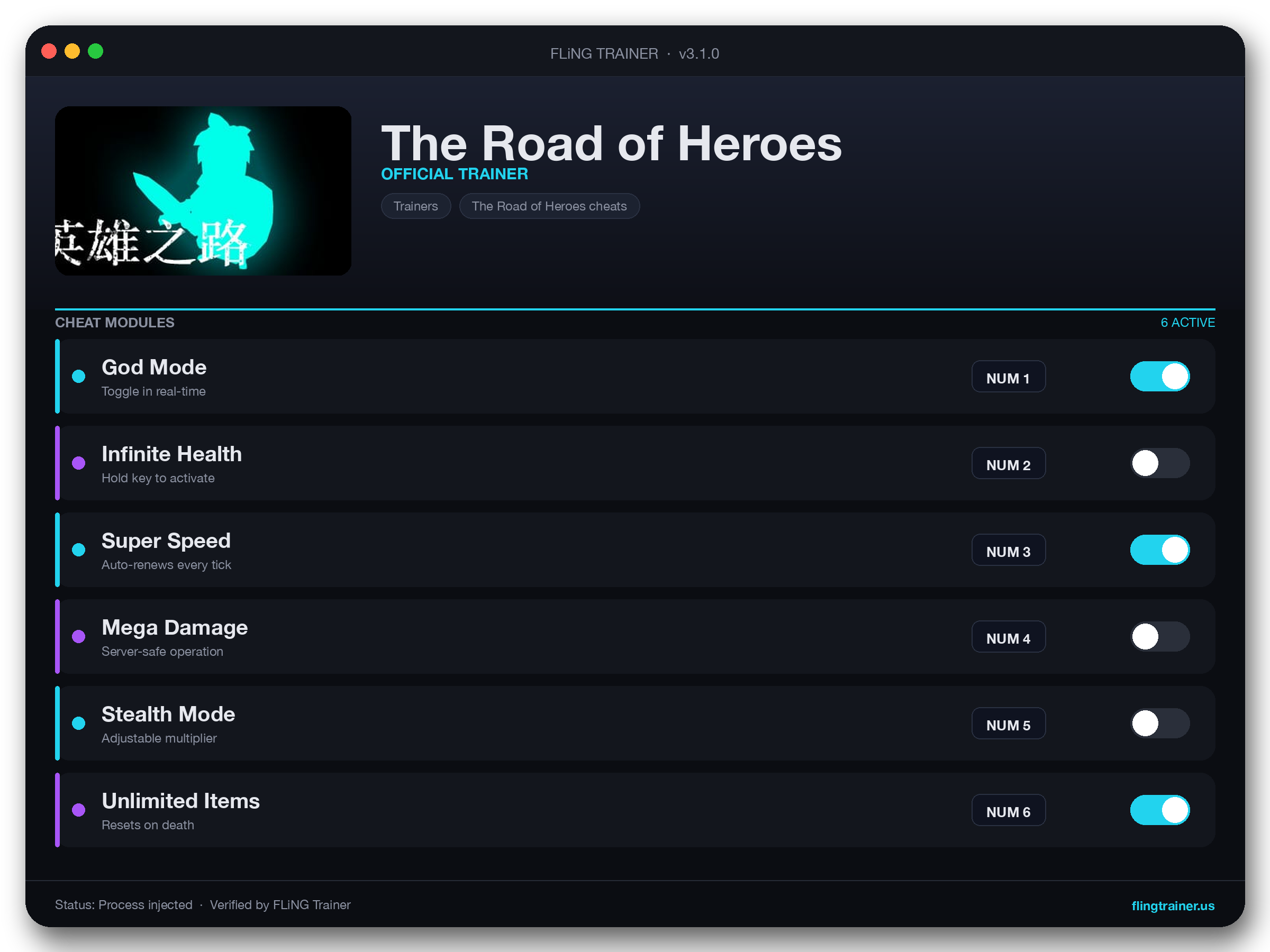 The Road of Heroes Trainer interface