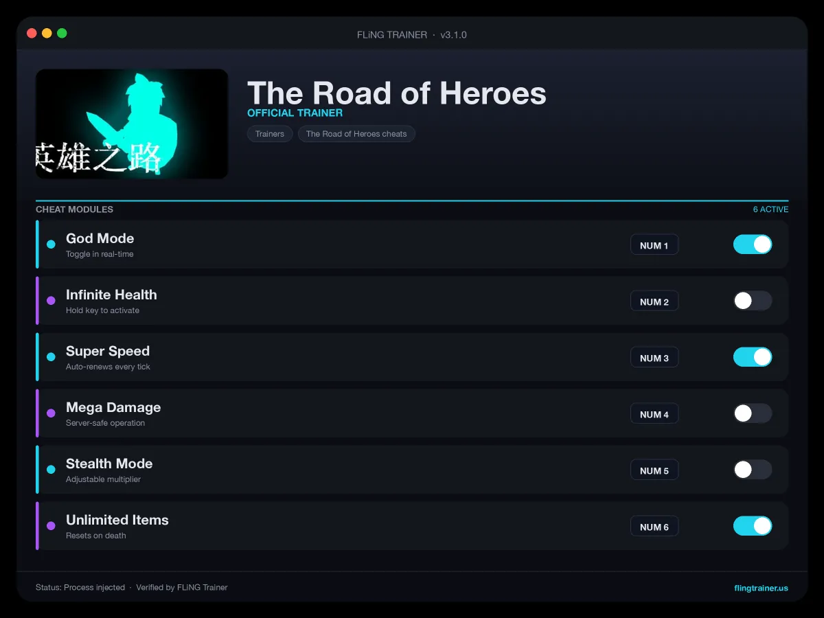 The Road of Heroes Trainer interface
