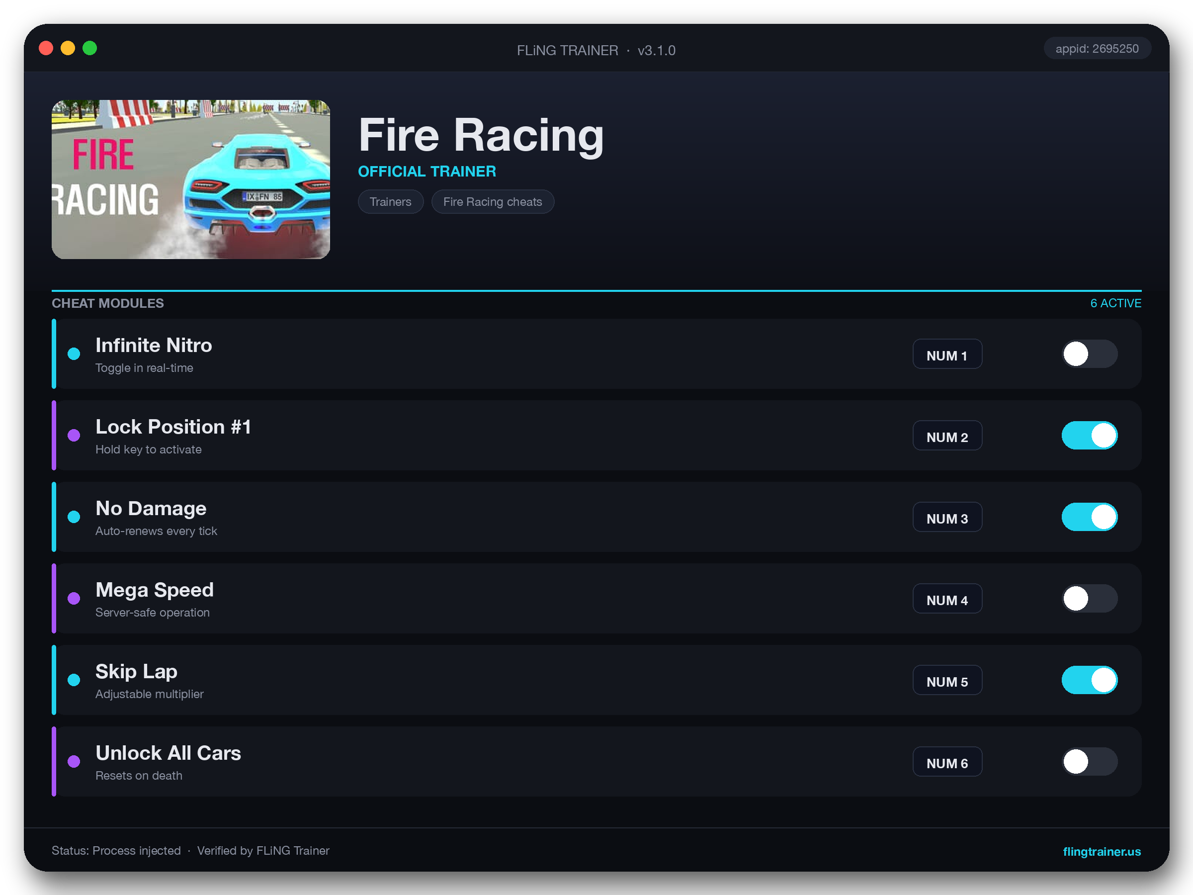 Fire Racing Trainer interface