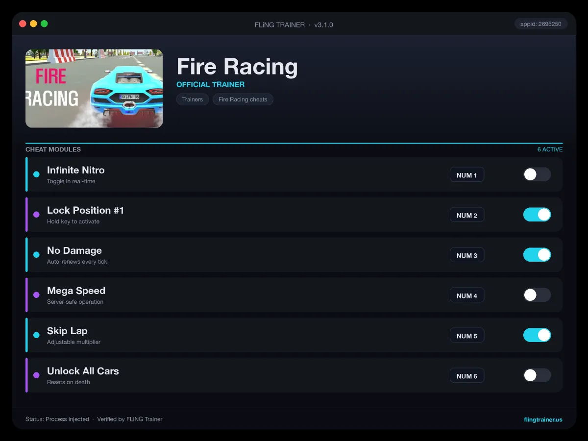 Fire Racing Trainer interface