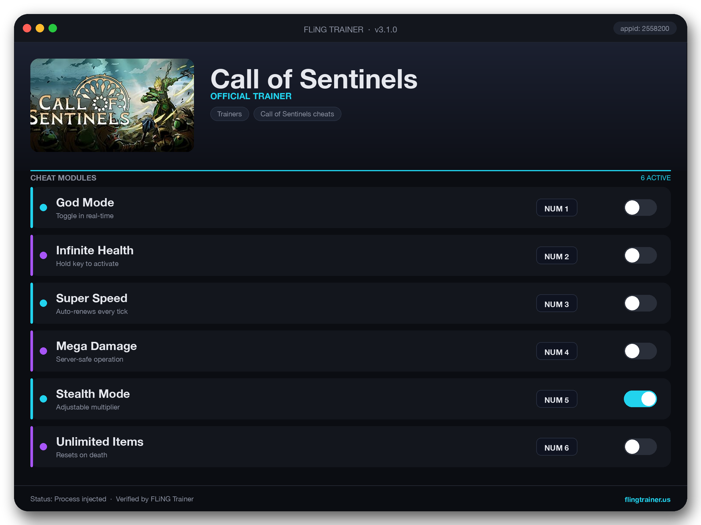Call of Sentinels Trainer interface
