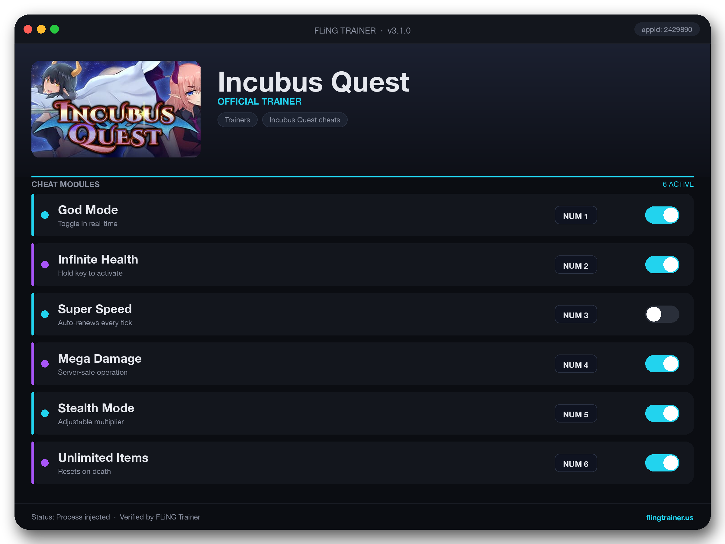 Incubus Quest Trainer interface