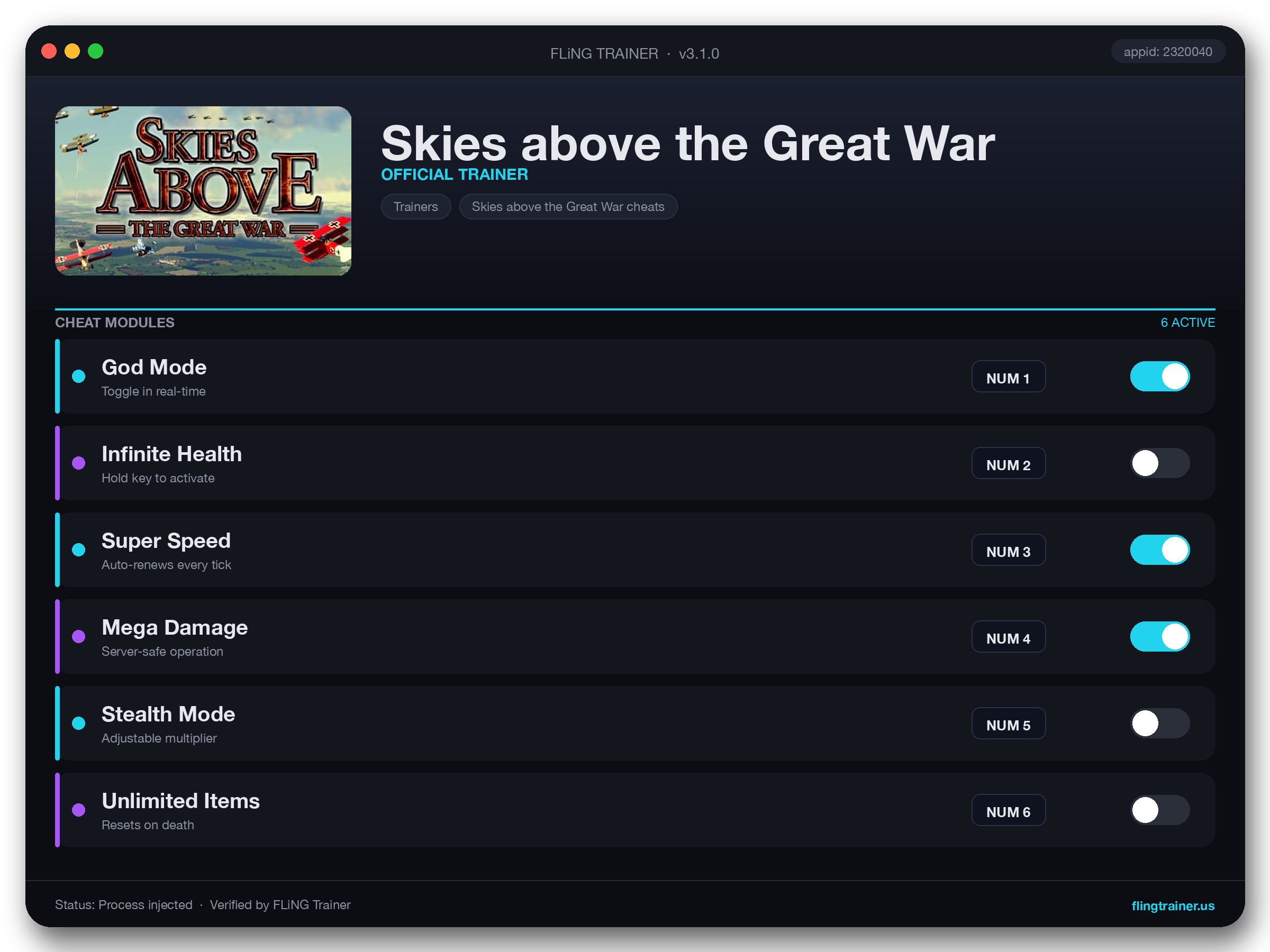 Skies above the Great War Trainer interface