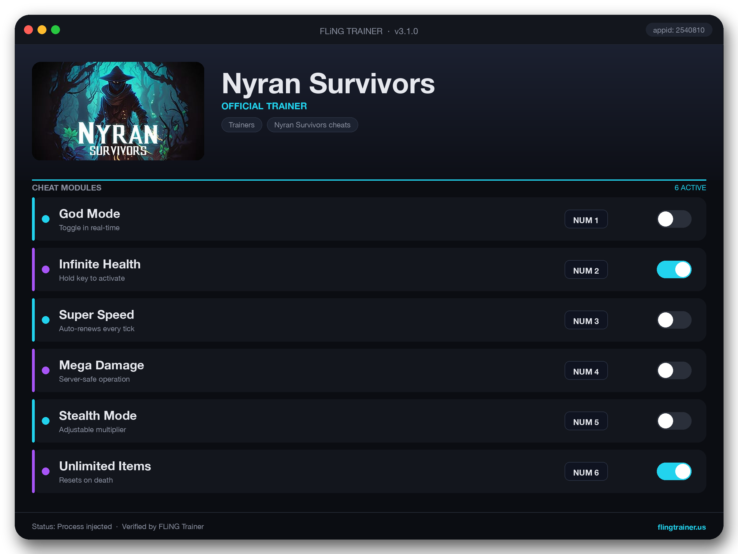 Nyran Survivors Trainer interface