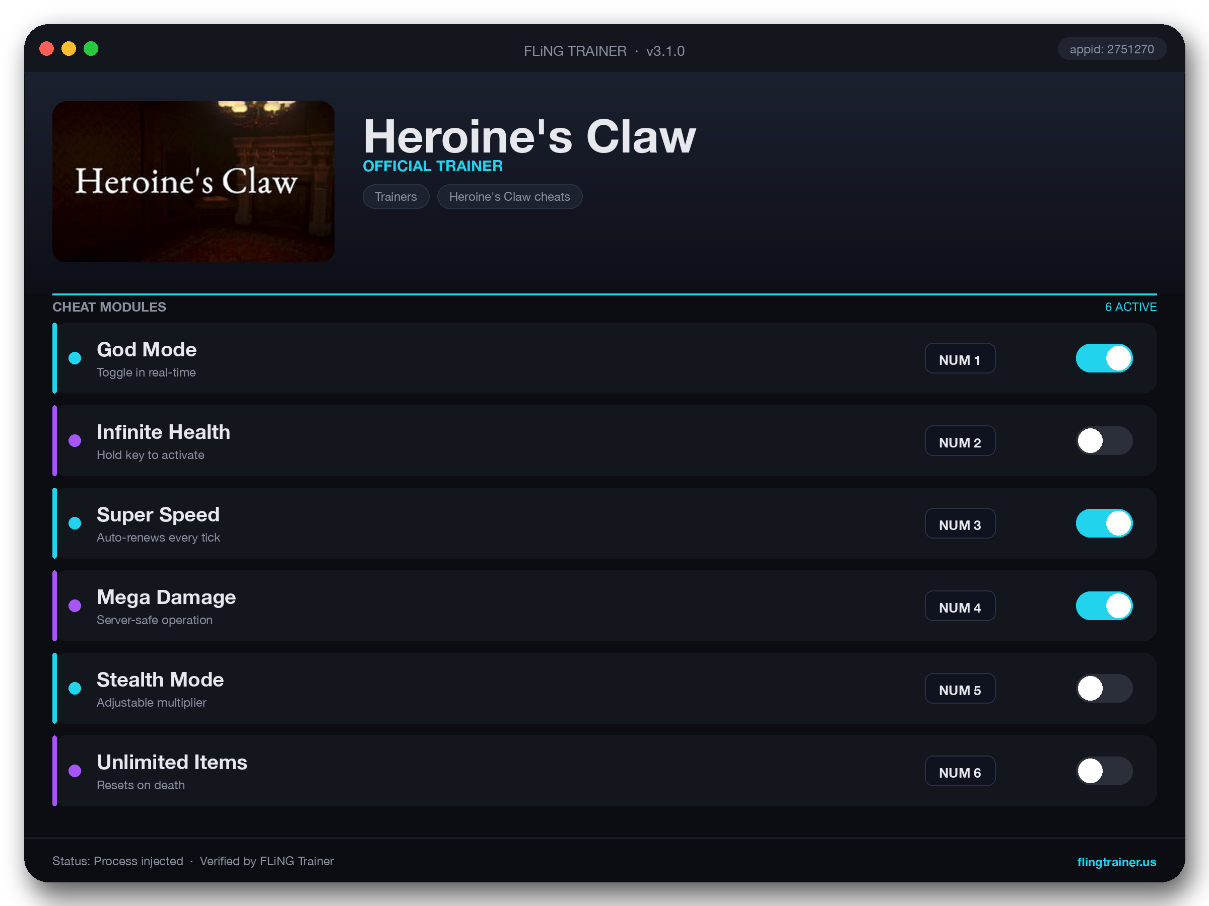 Heroine's Claw Trainer interface