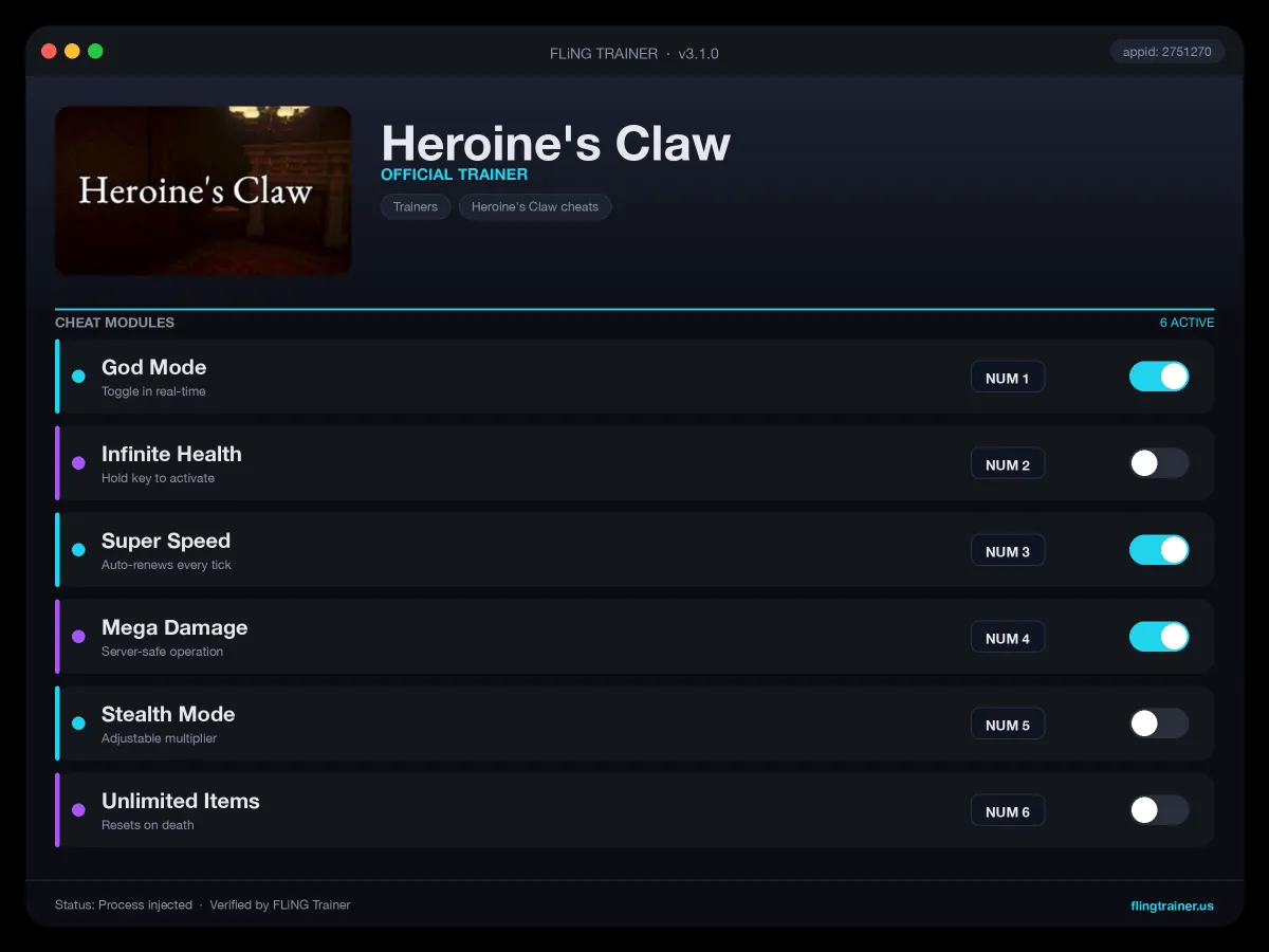 Heroine's Claw Trainer interface