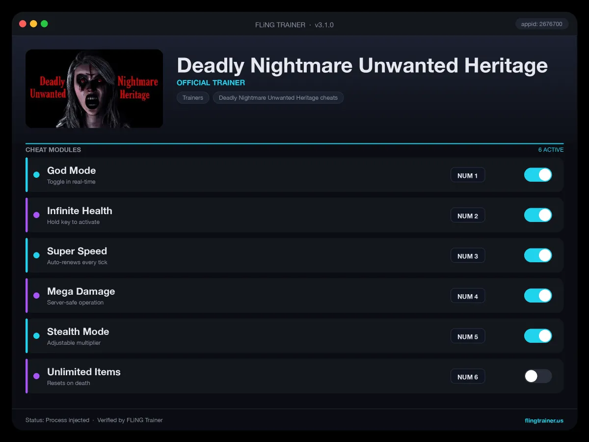 Deadly Nightmare Unwanted Heritage Trainer interface