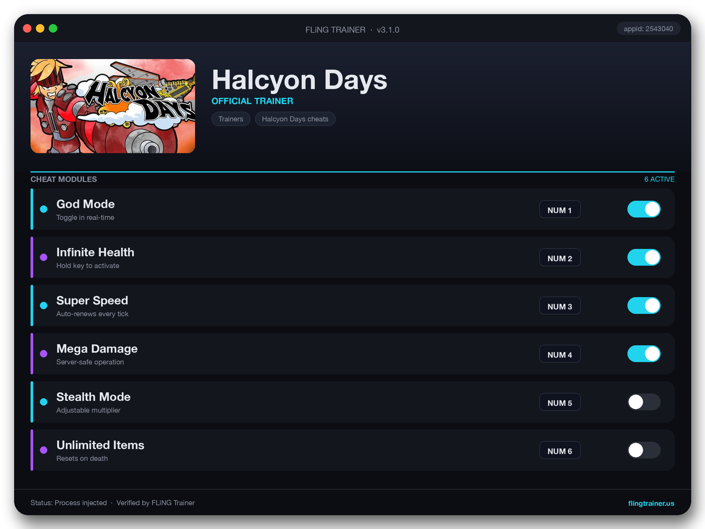Halcyon Days Trainer interface