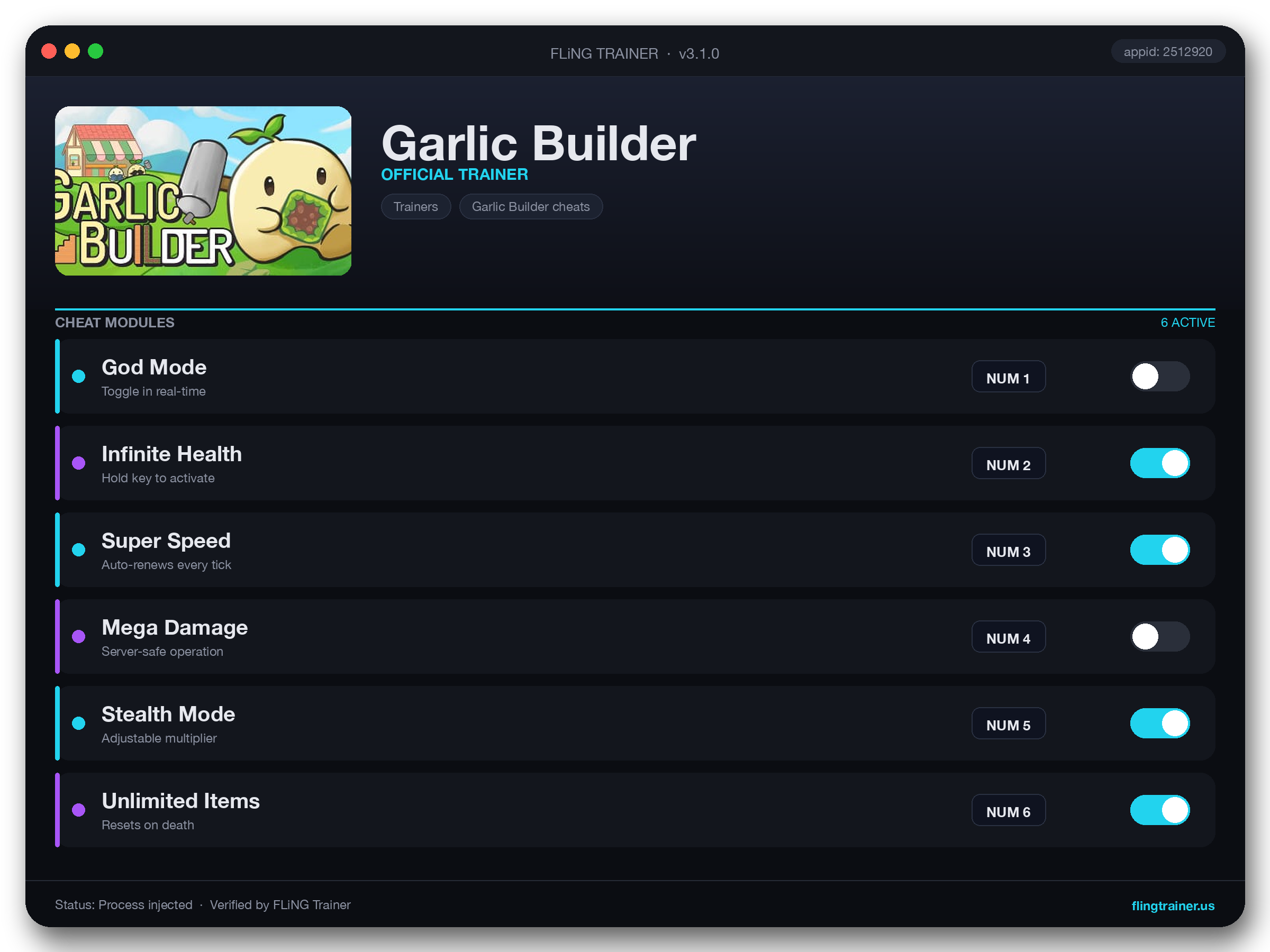 Garlic Builder Trainer interface