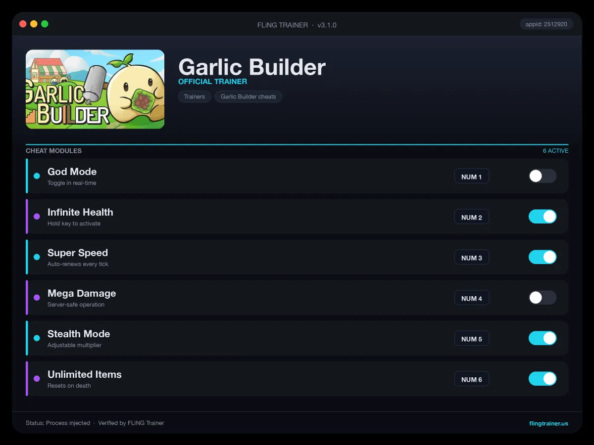Garlic Builder Trainer interface