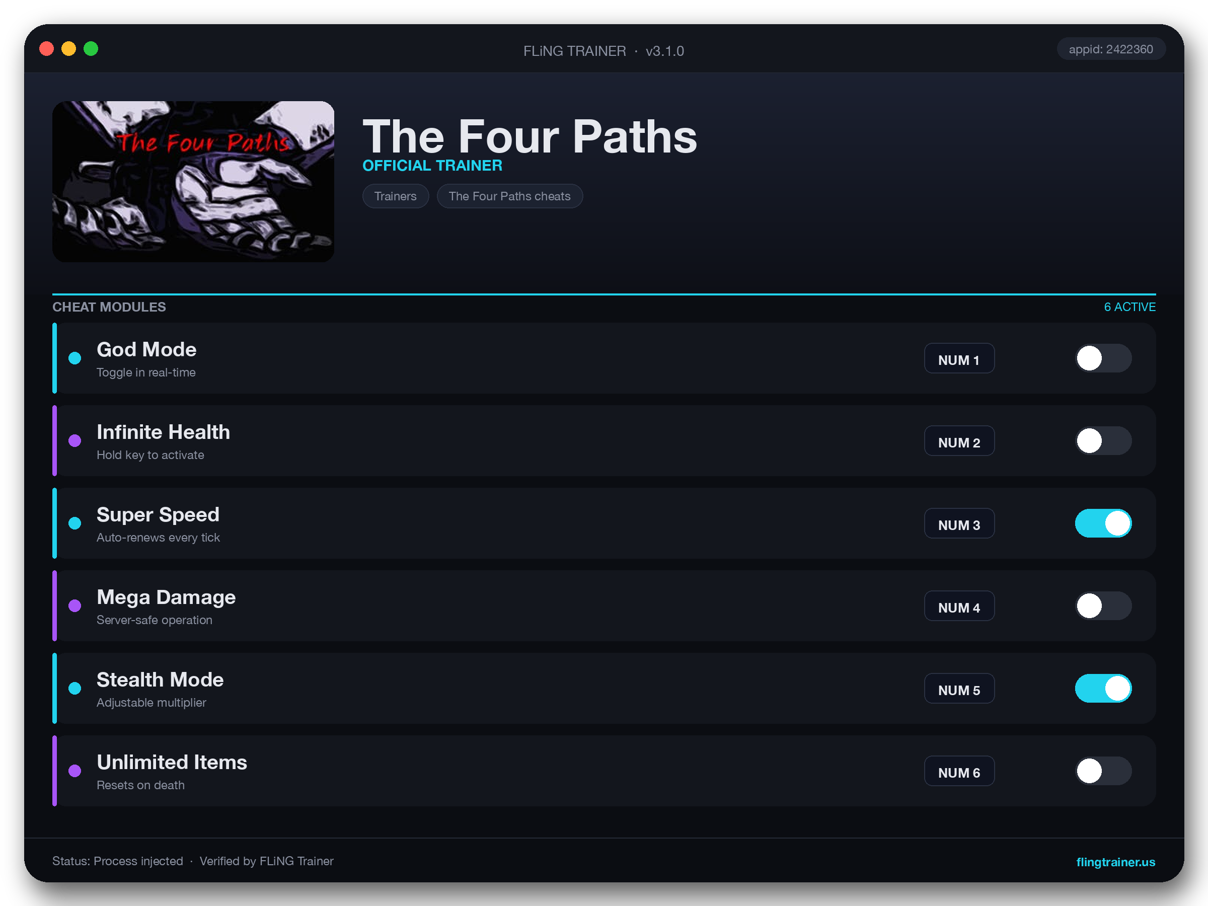 The Four Paths Trainer interface