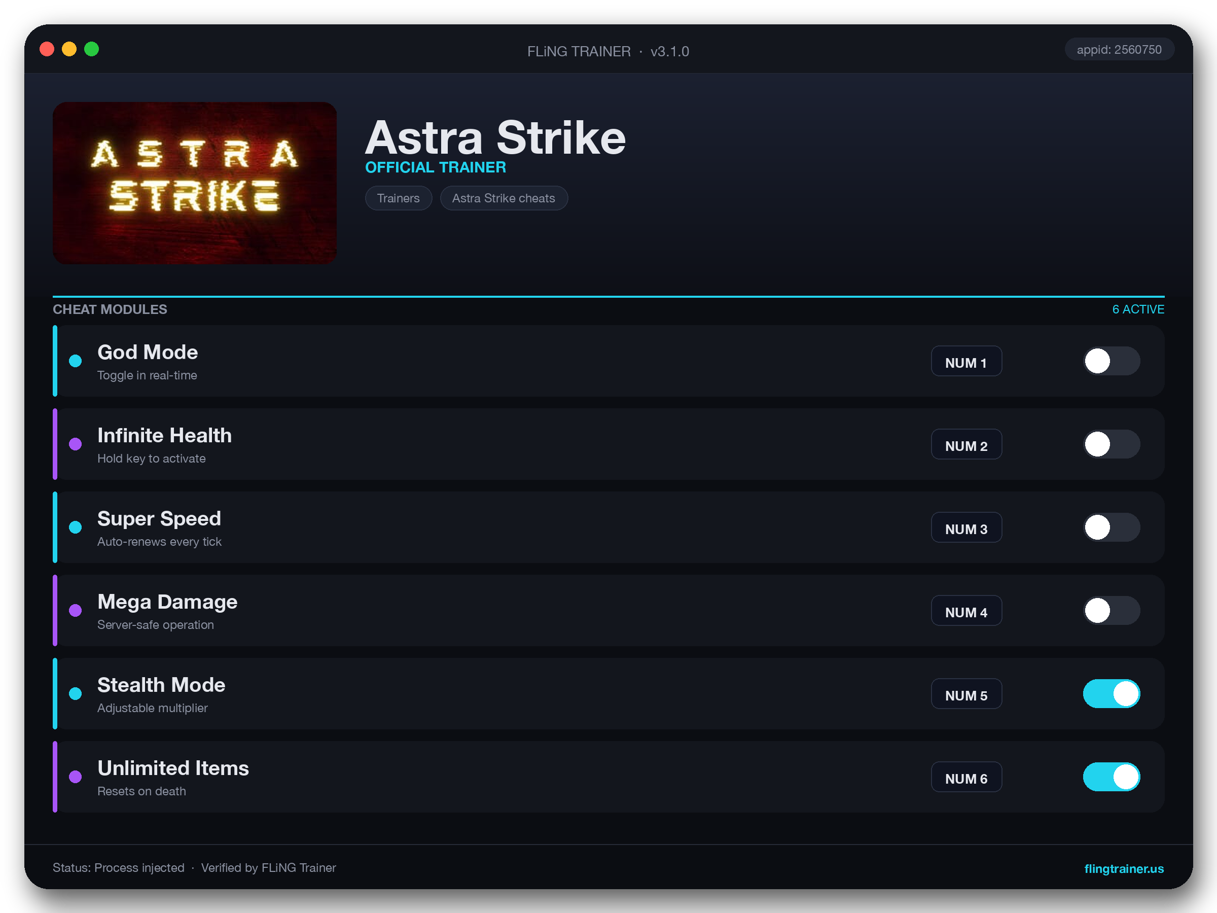 Astra Strike Trainer interface