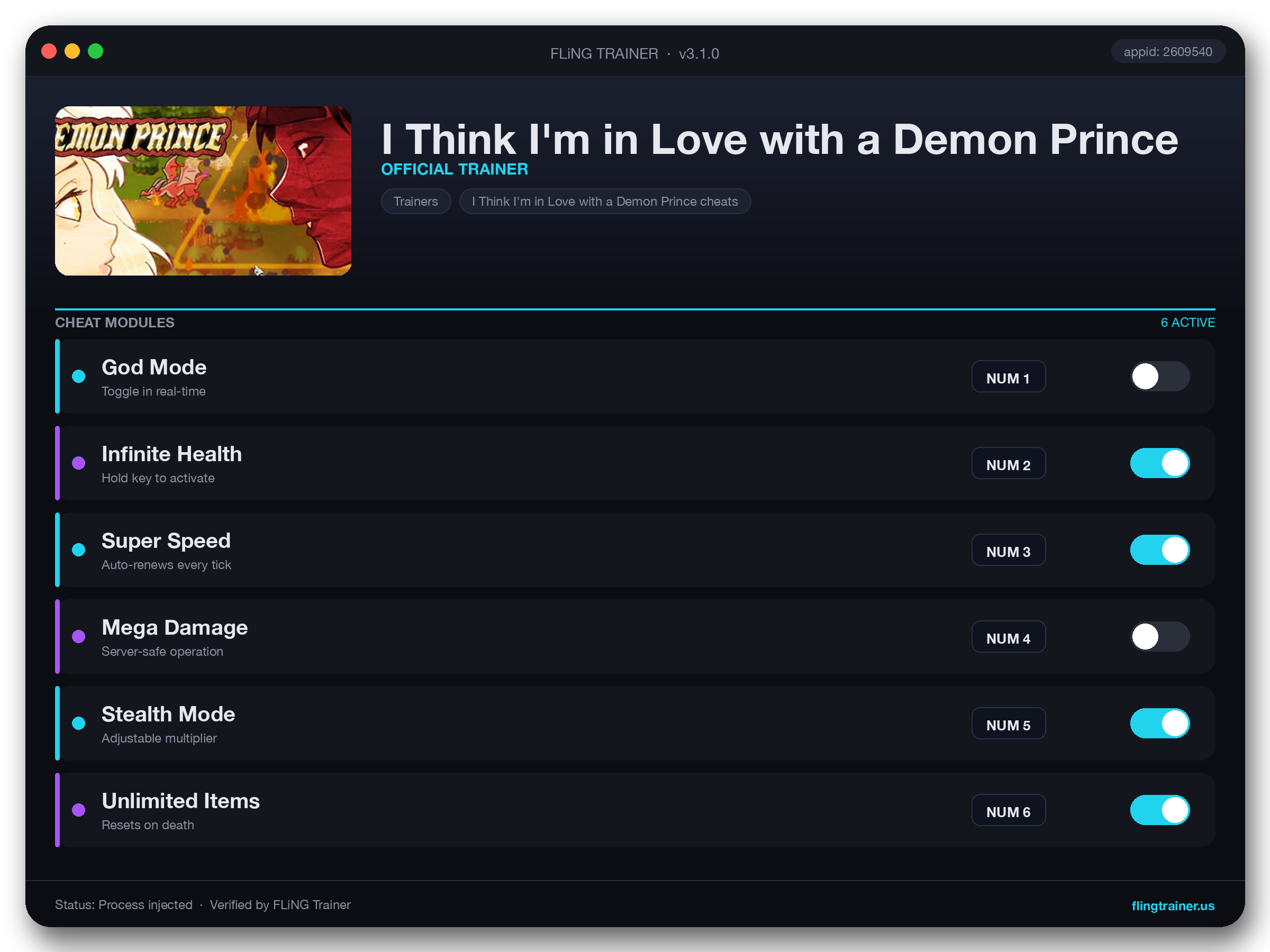 I Think I'm in Love with a Demon Prince Trainer interface