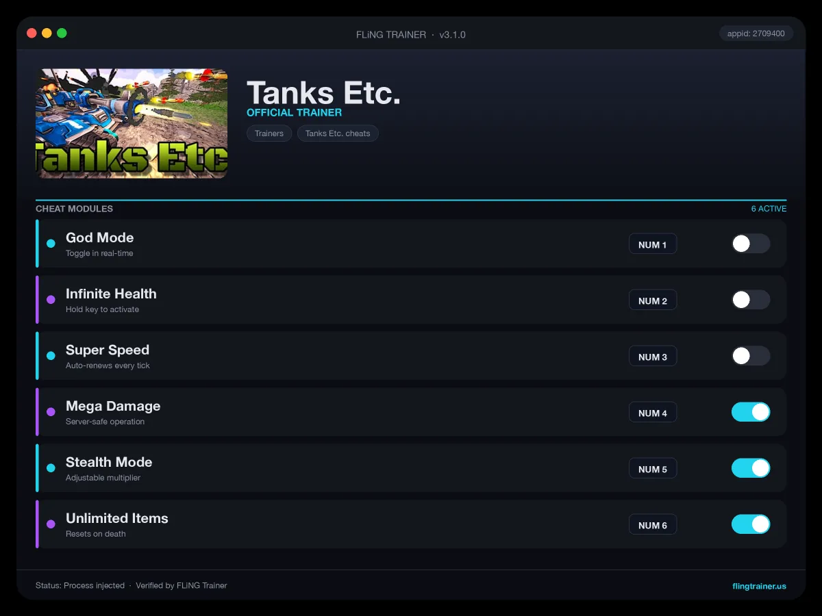 Tanks Etc. Trainer interface