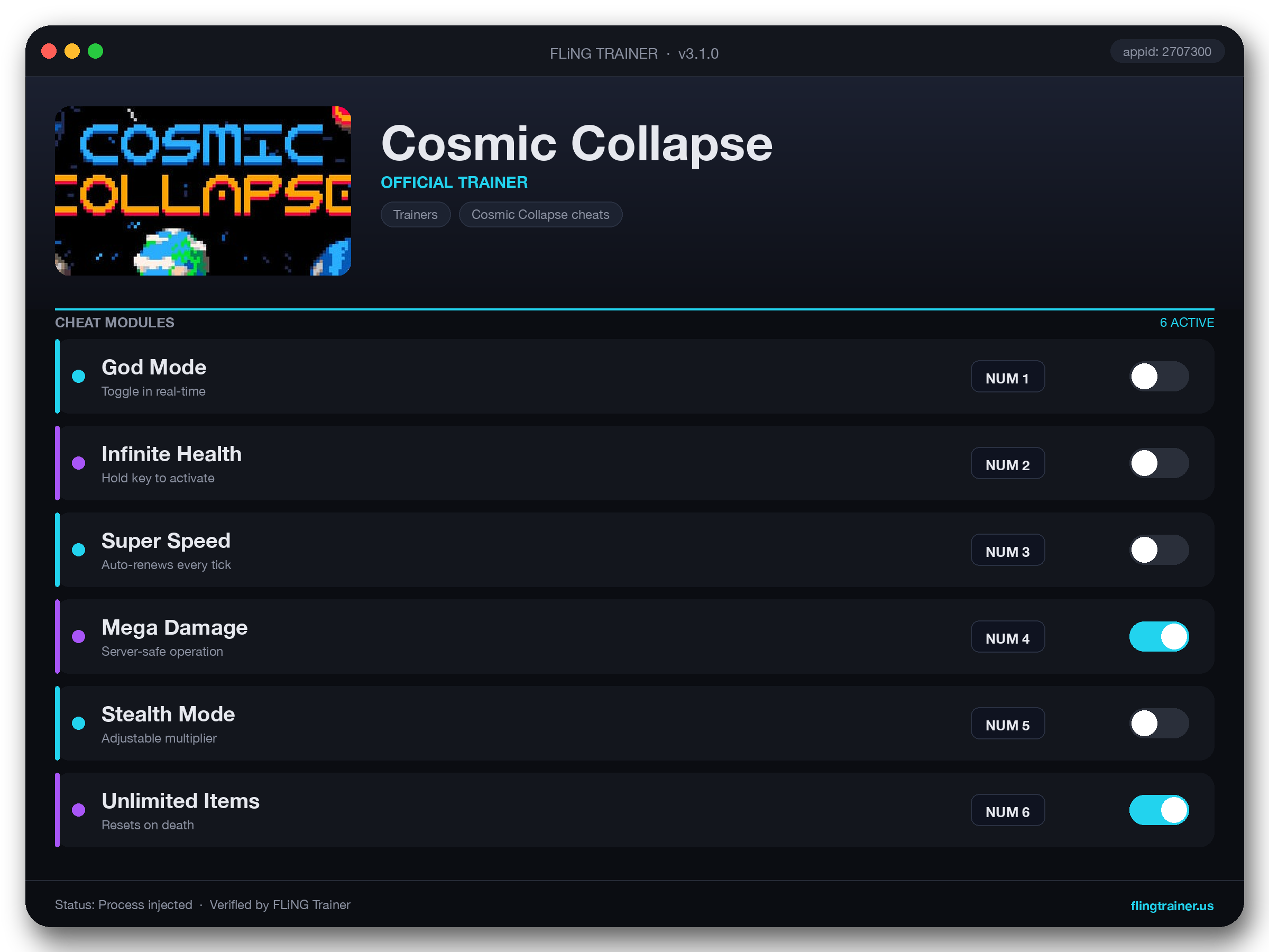 Cosmic Collapse Trainer interface
