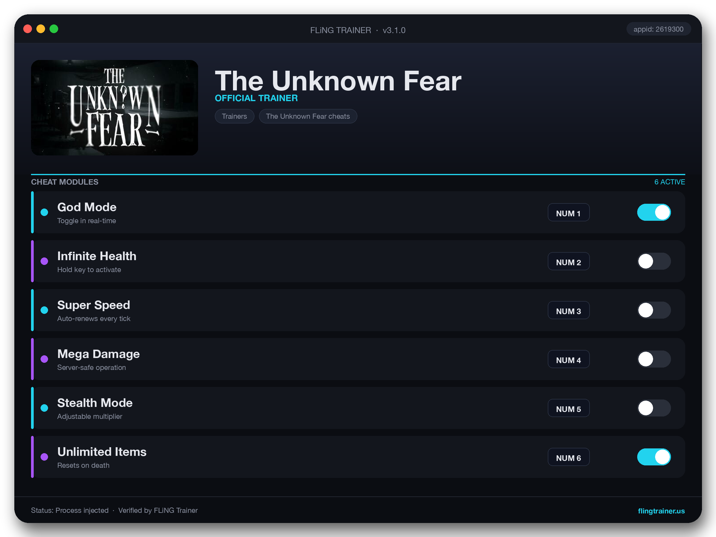 The Unknown Fear Trainer interface