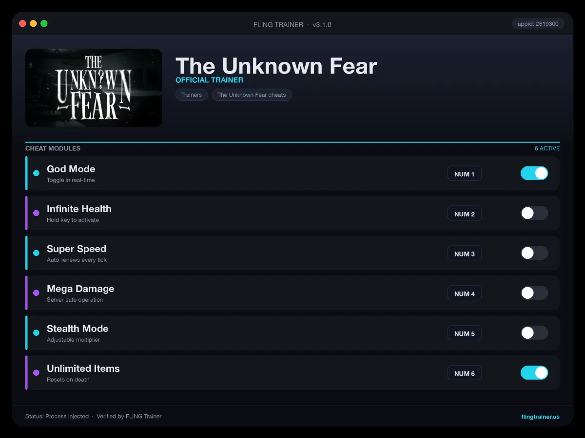 The Unknown Fear Trainer interface