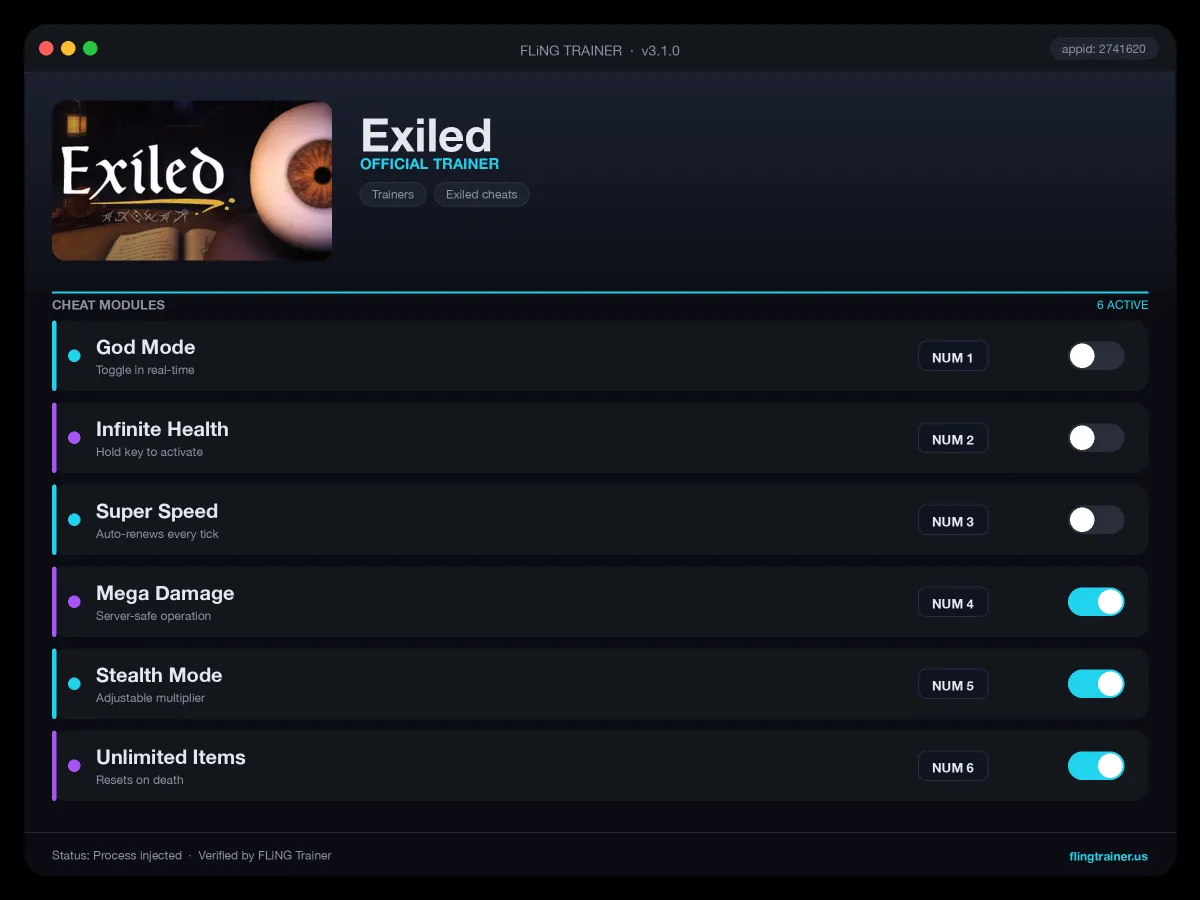 Exiled Trainer interface