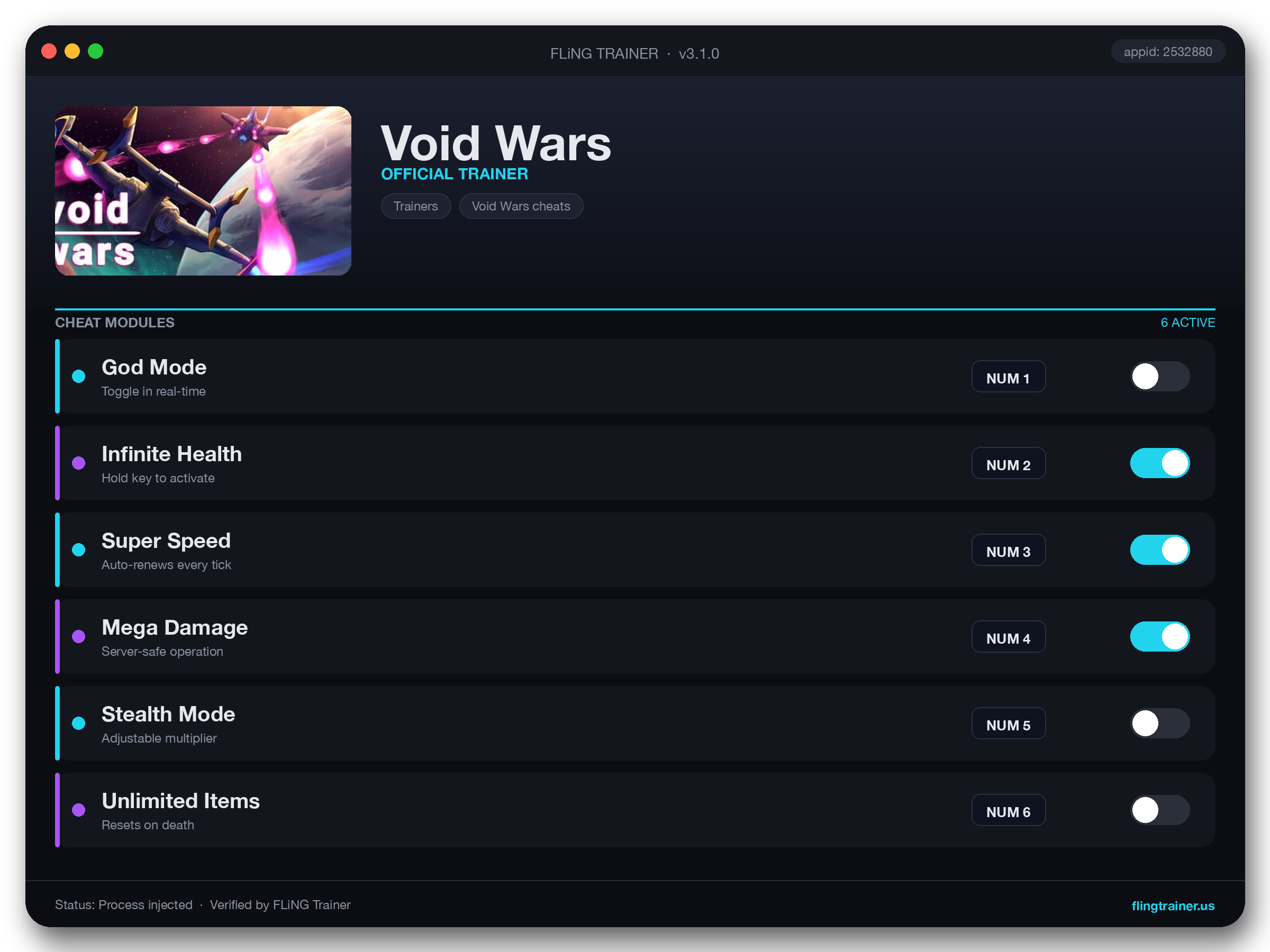 Void Wars Trainer interface