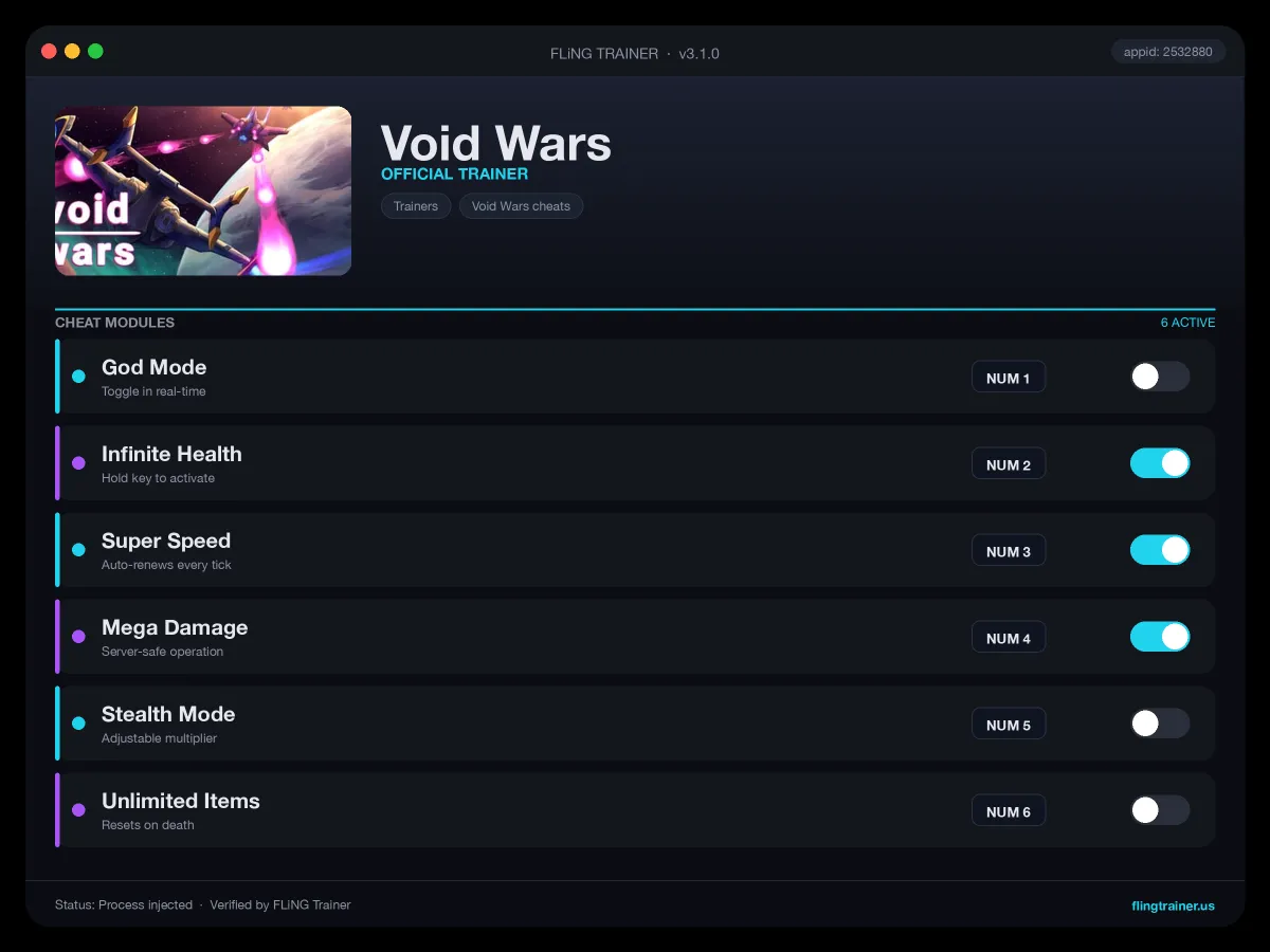 Void Wars Trainer interface