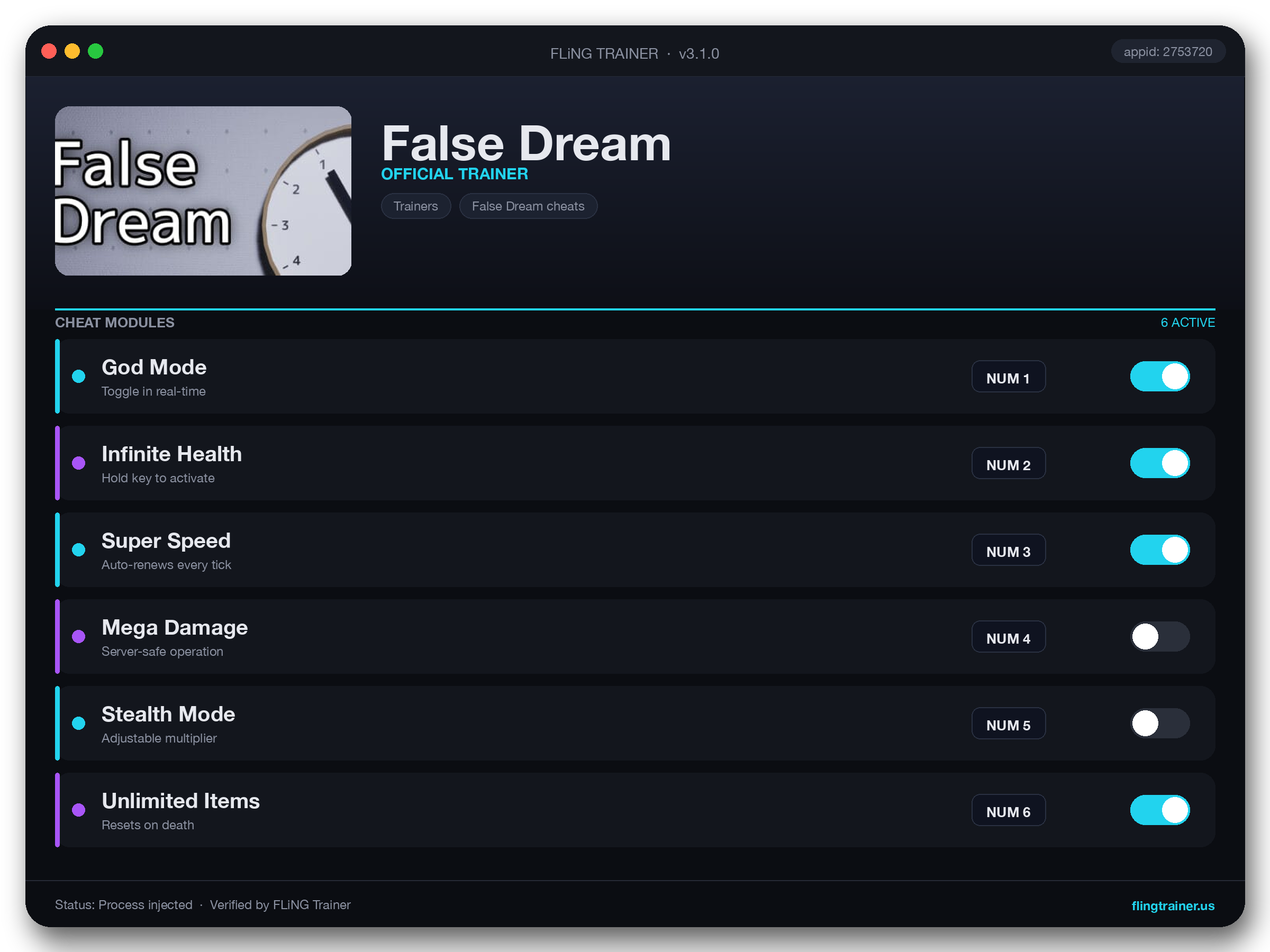 False Dream Trainer interface