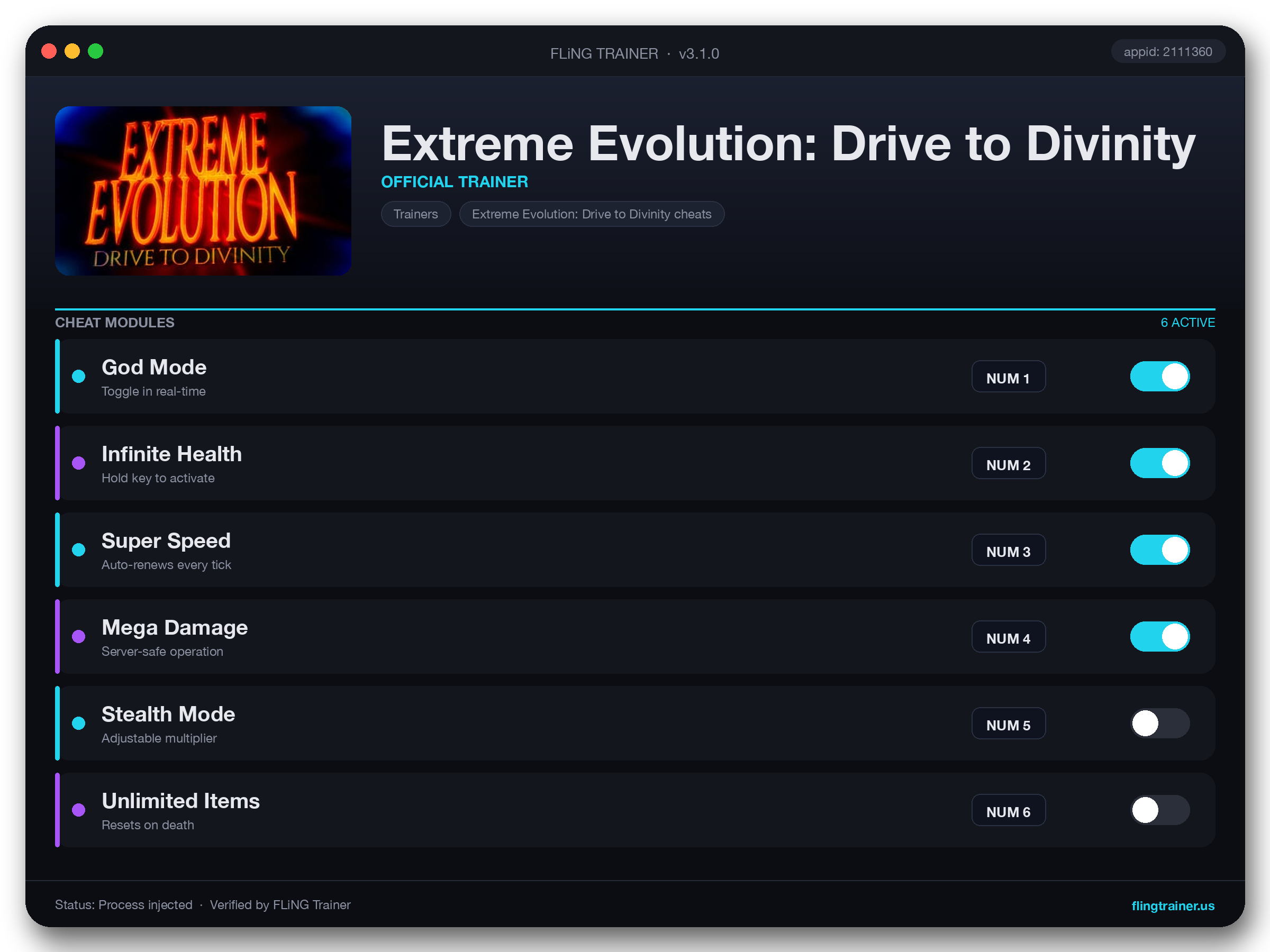 Extreme Evolution: Drive to Divinity Trainer interface