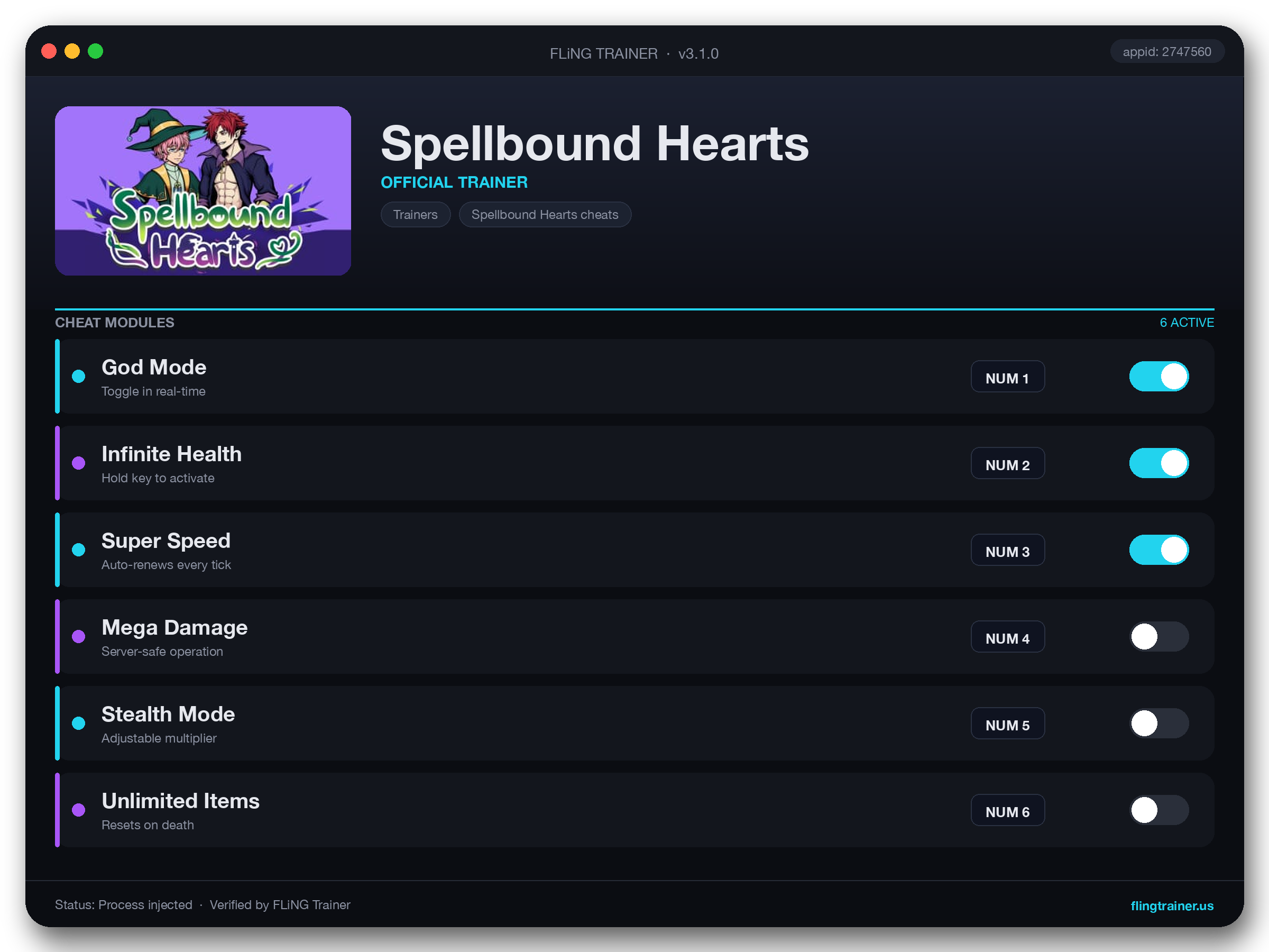 Spellbound Hearts Trainer interface