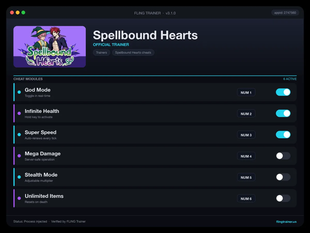 Spellbound Hearts Trainer interface