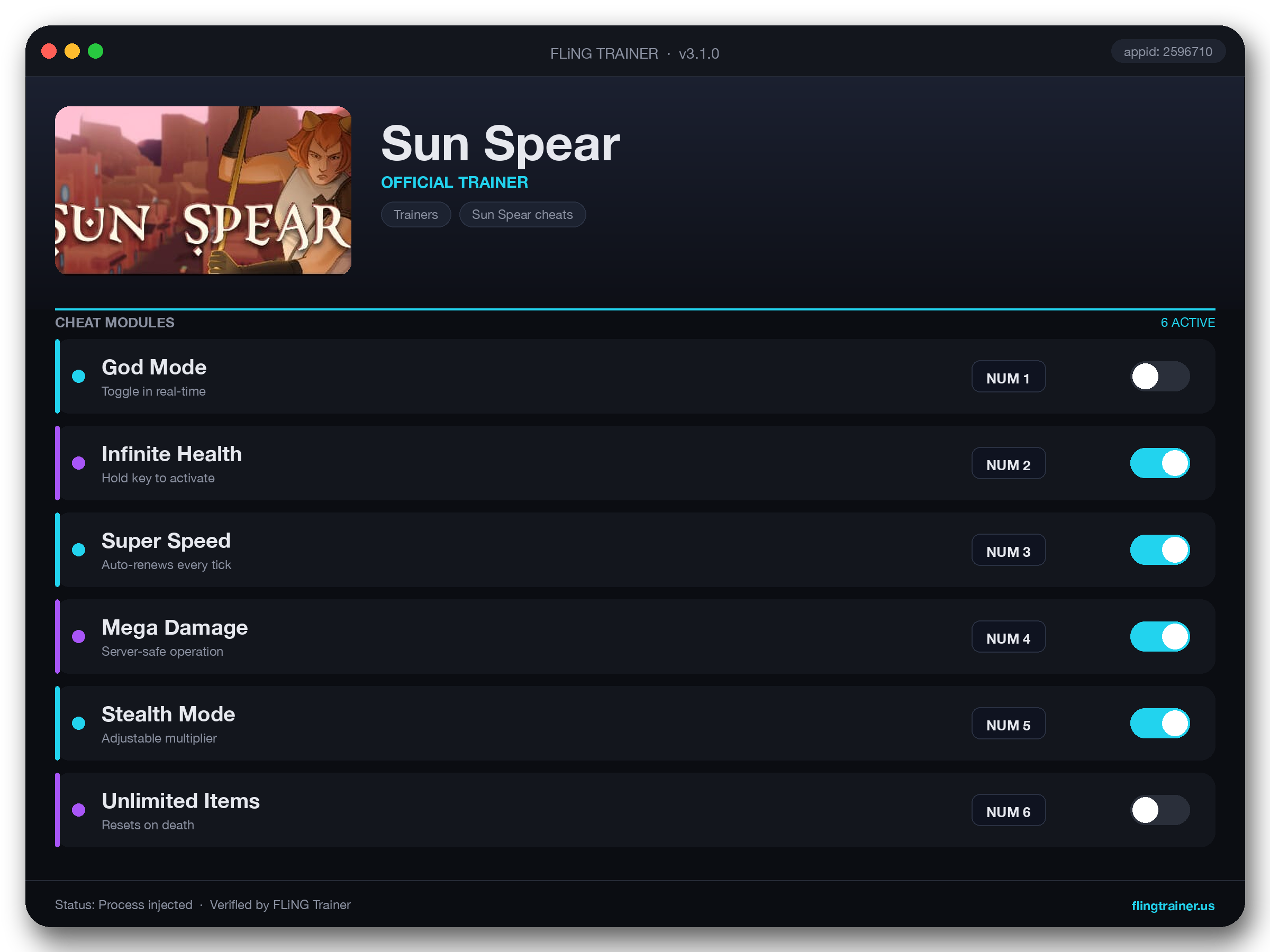 Sun Spear Trainer interface