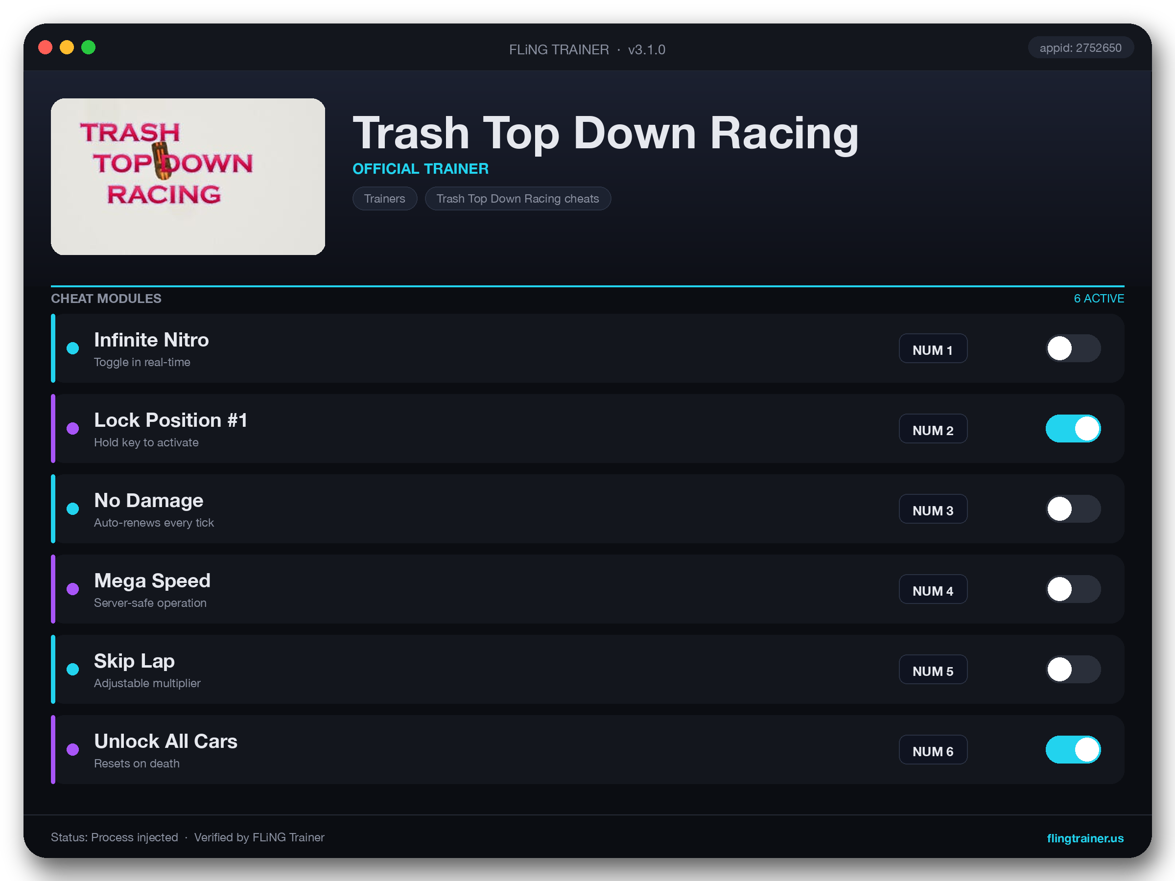 Trash Top Down Racing Trainer interface
