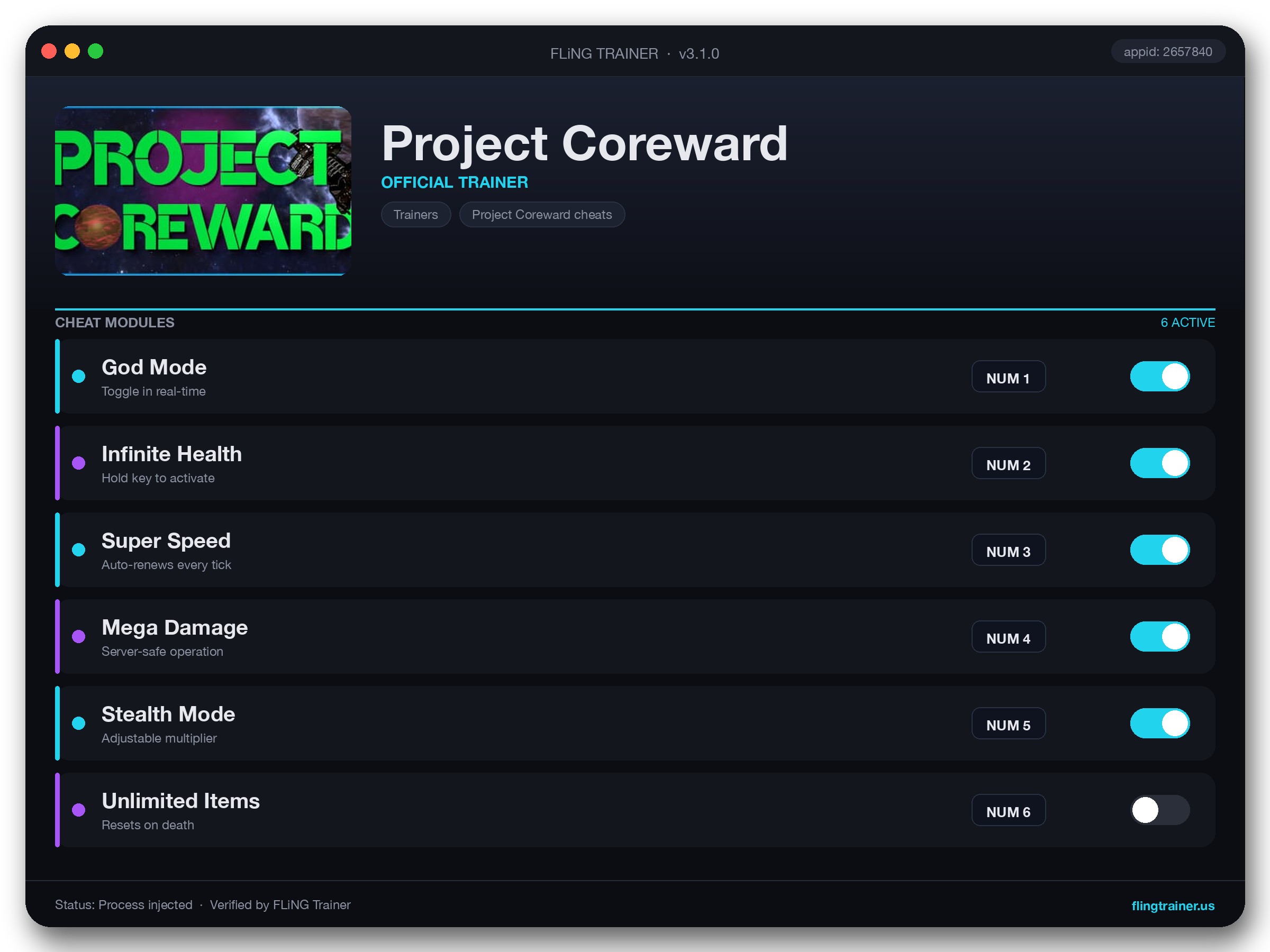 Project Coreward Trainer interface