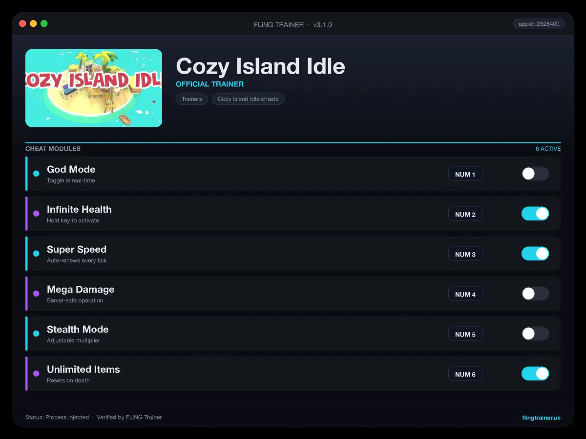 Cozy Island Idle Trainer interface