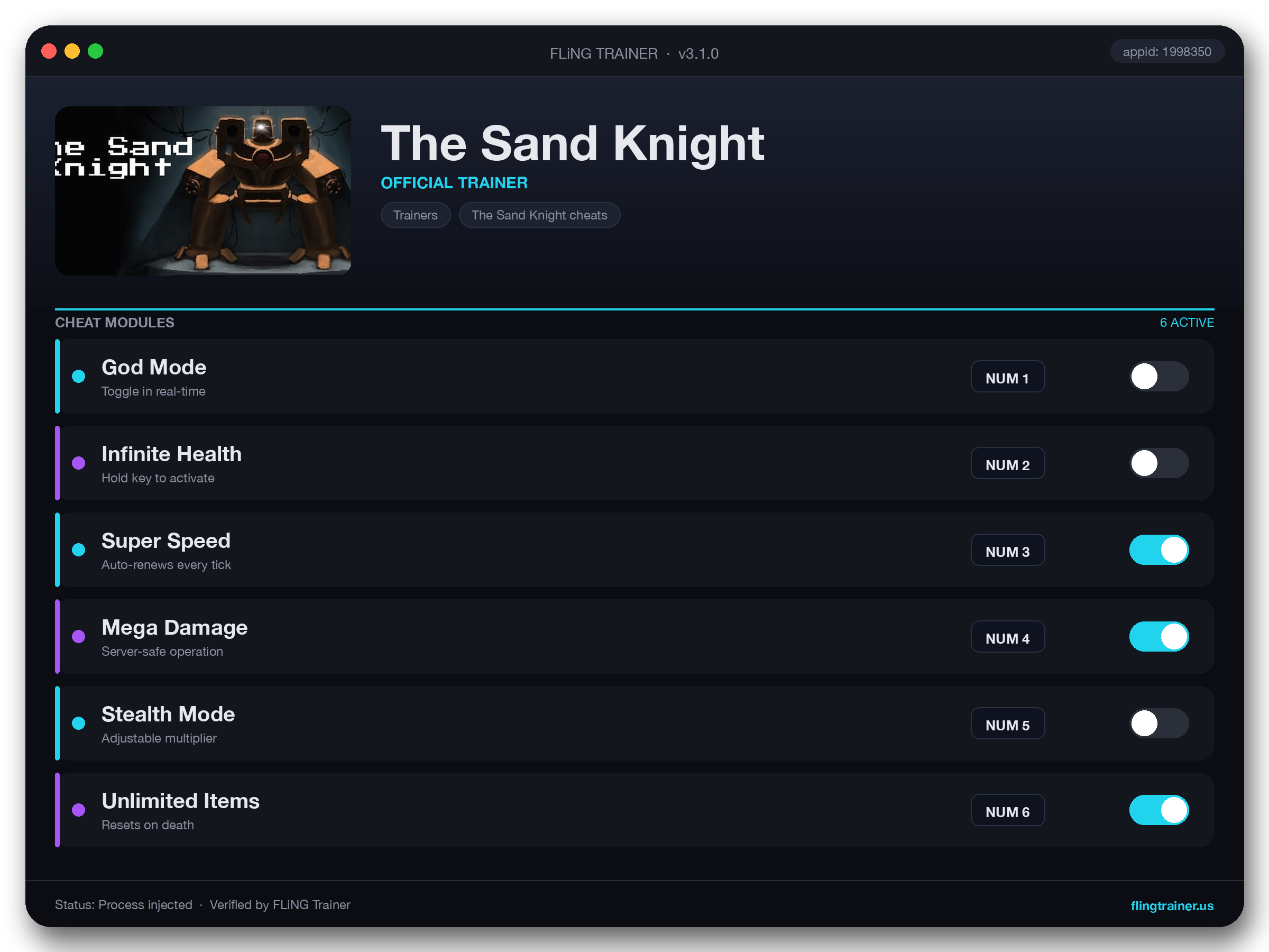 The Sand Knight Trainer interface