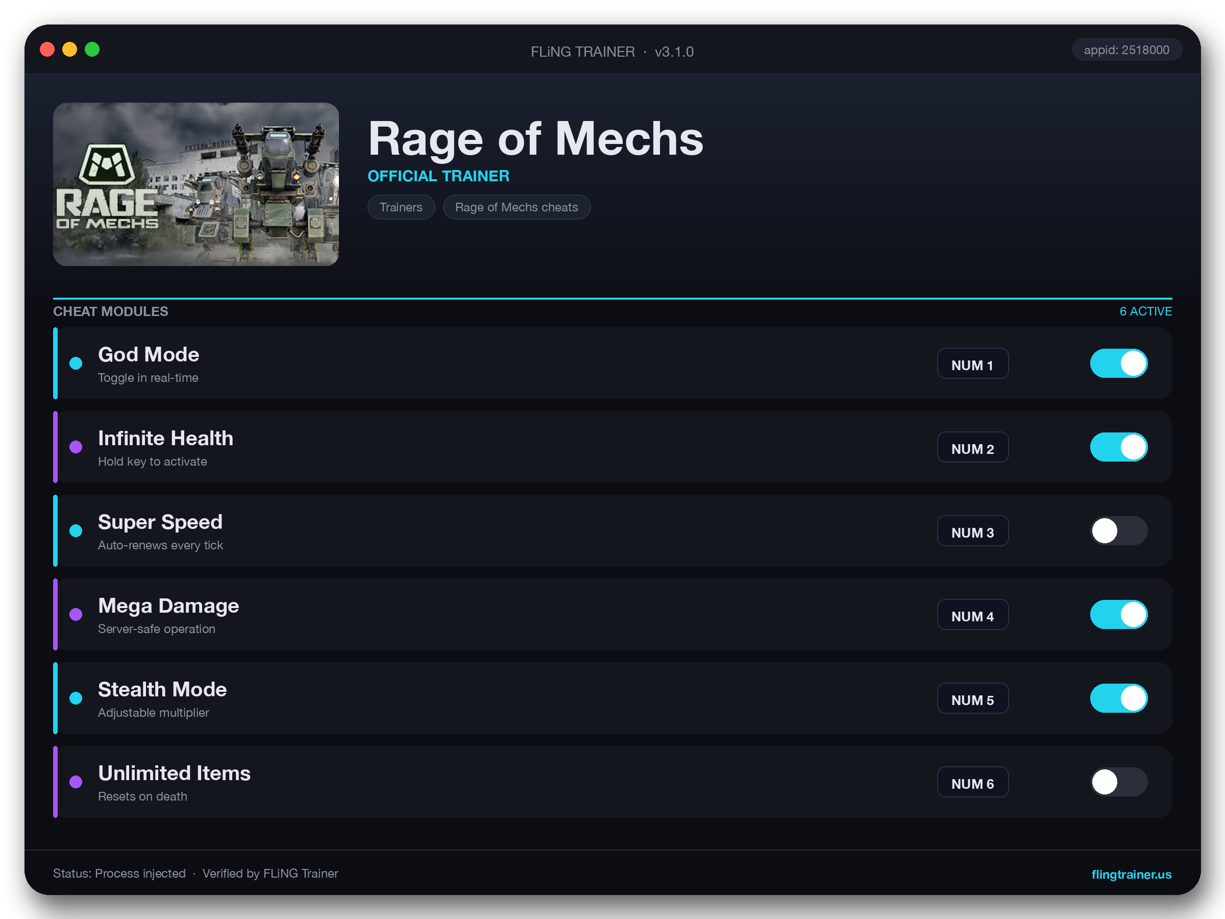 Rage of Mechs Trainer interface