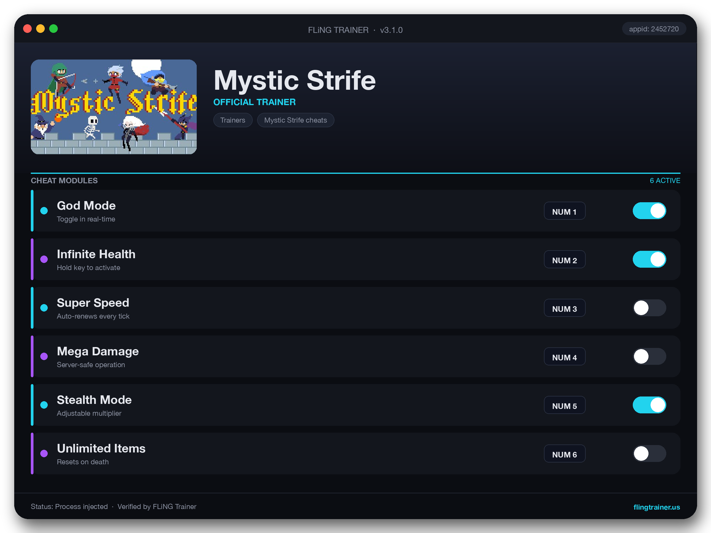 Mystic Strife Trainer interface