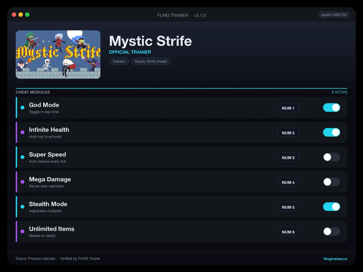 Mystic Strife Trainer interface